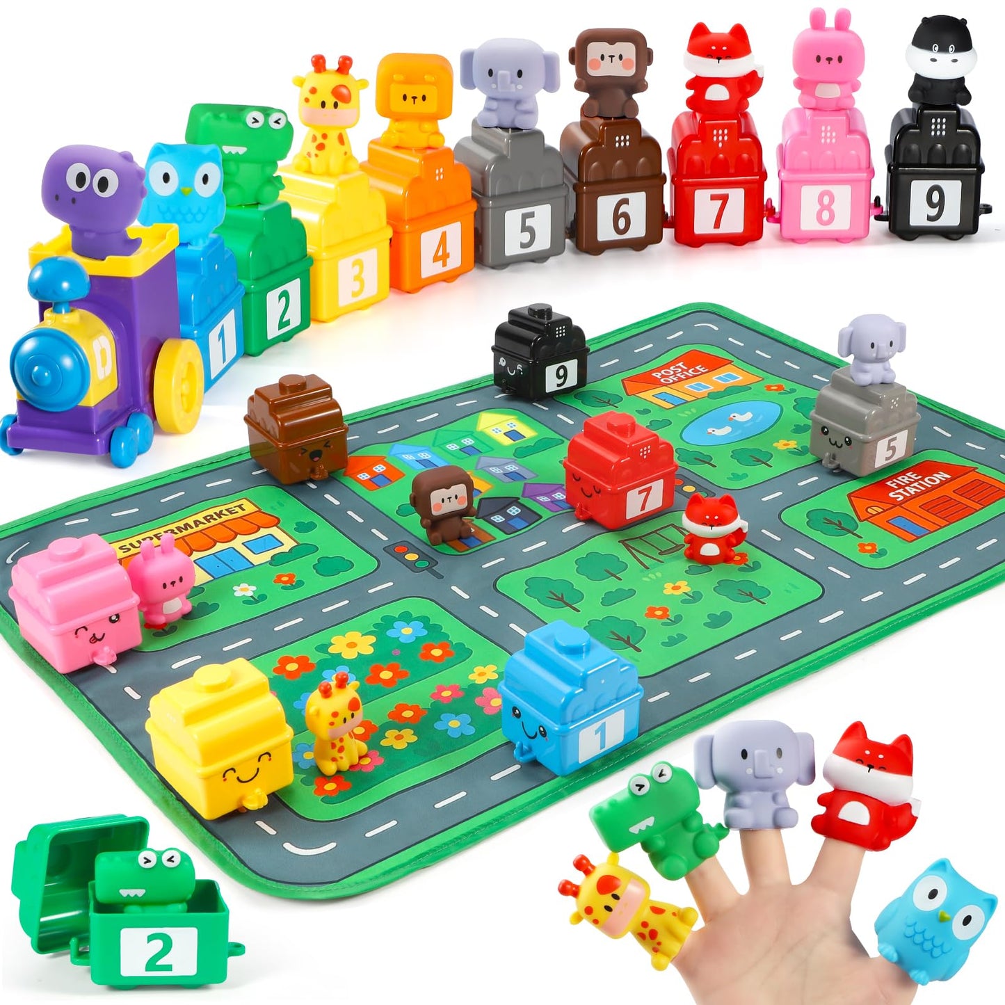 URMYWO Learning Toys for 1 2 3 Years Old Boy Girl, Toddler Montessori Toys, Train Set with 10 Finger Puppets & Play Mat, Counting Matching & Sorting, Toddler Birthday Gift