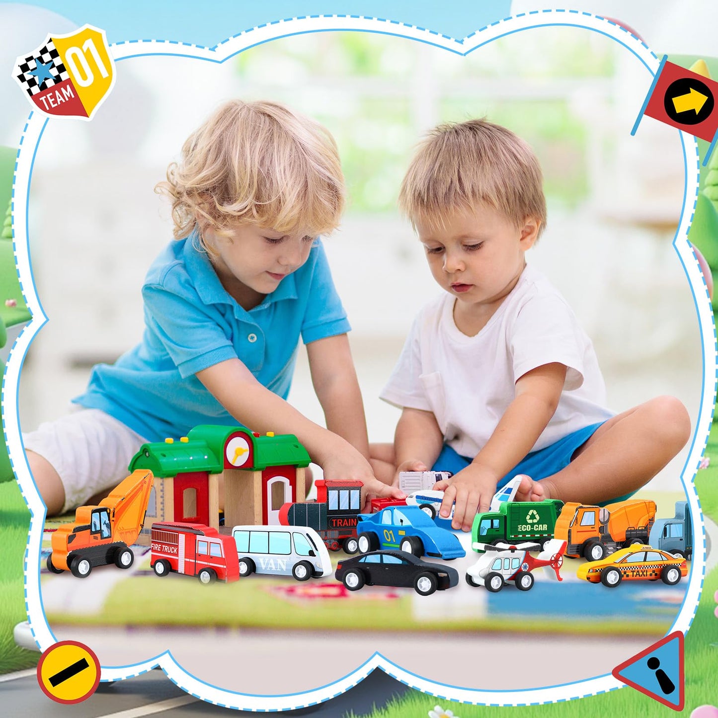 Blosssound 20 Pcs Wooden Car Vehicle Set for Toddlers Wooden Vehicle Community Helpers Toys with Police Fire Trucks Ambulance Car Toys Gift for Kids Preschool Classroom Educational Activity