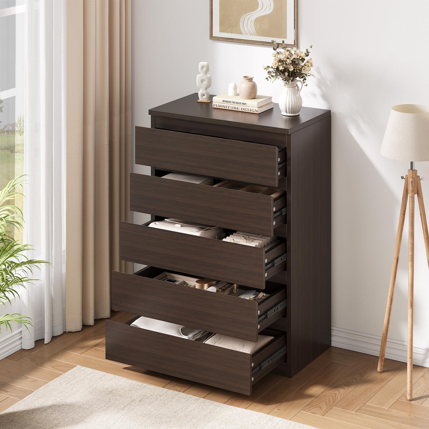 Jocoevol Modern Brown 5 Drawer Dresser for Bedroom, Simply Chest of Drawers, Wood Storage Dresser with Deep Drawers for Living Room Hallway Entryway, Brown