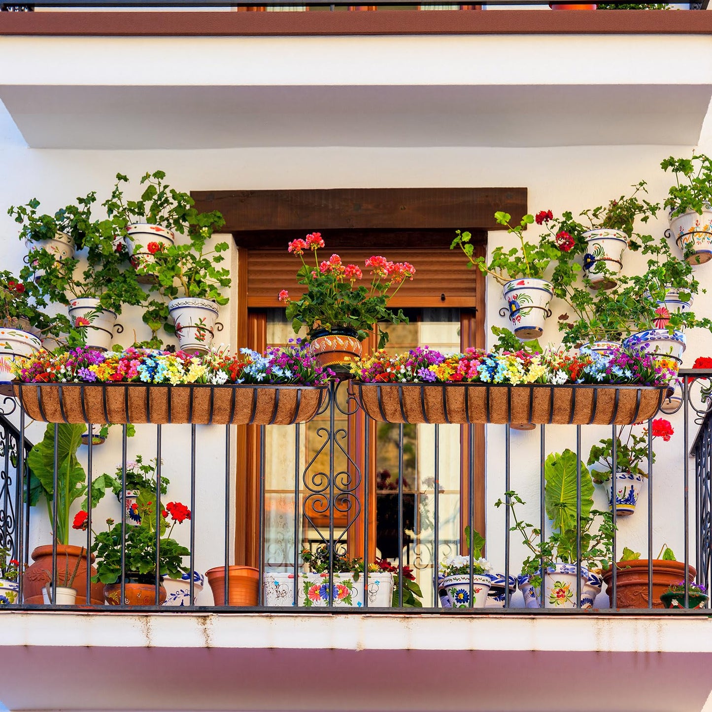 Tessco for you 4 Pack 48 Inch Window Baskets with Coconut Liner 4 Adjustable Flower Brackets Window Deck Planters Boxes Railing Planter Metal Hanging Flower Planter for Indoor Outdoor Lawn