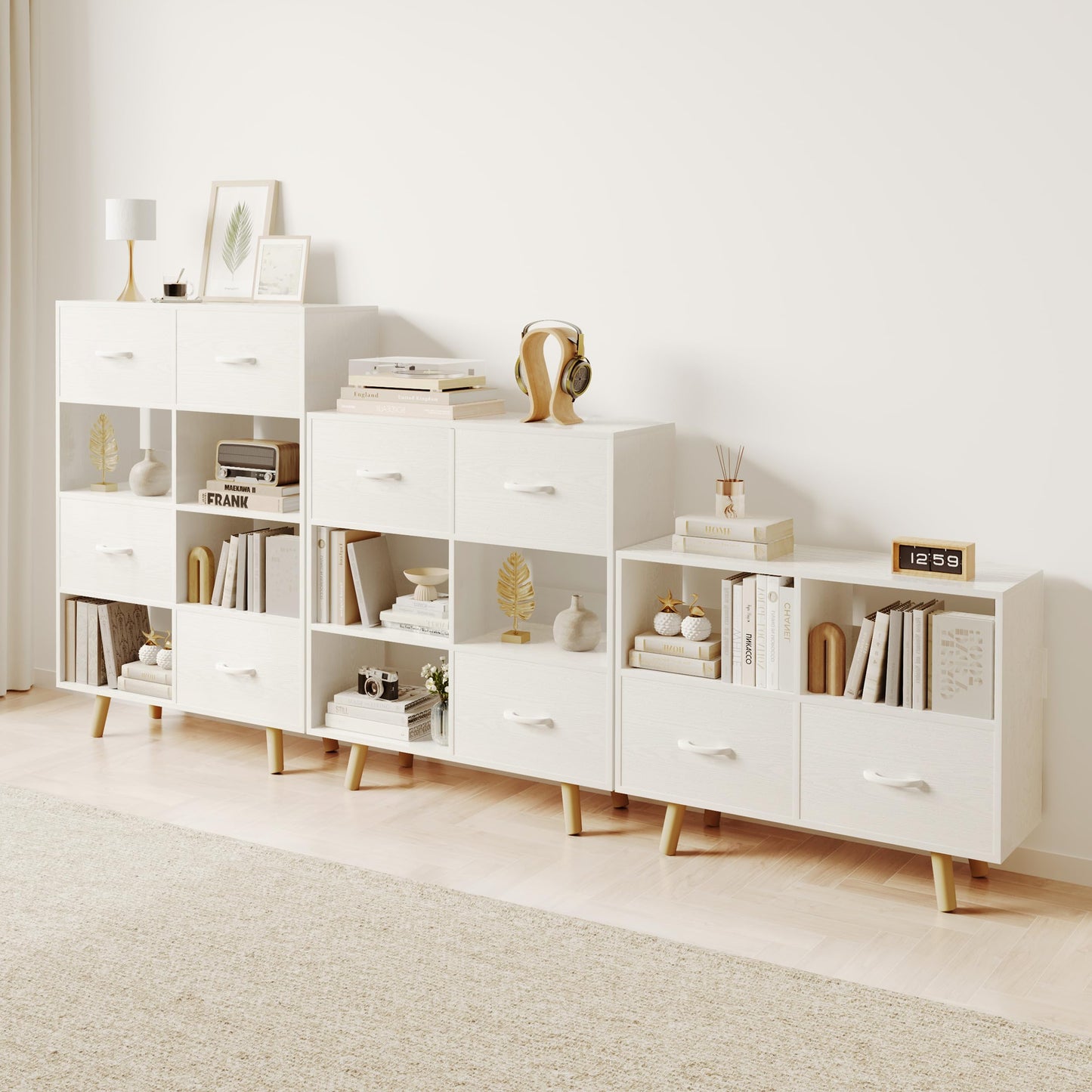 ELYUP Bookcase with Fabric Storage Bins - 4 Cube Organizer Display Bookshelf for Home Office, White