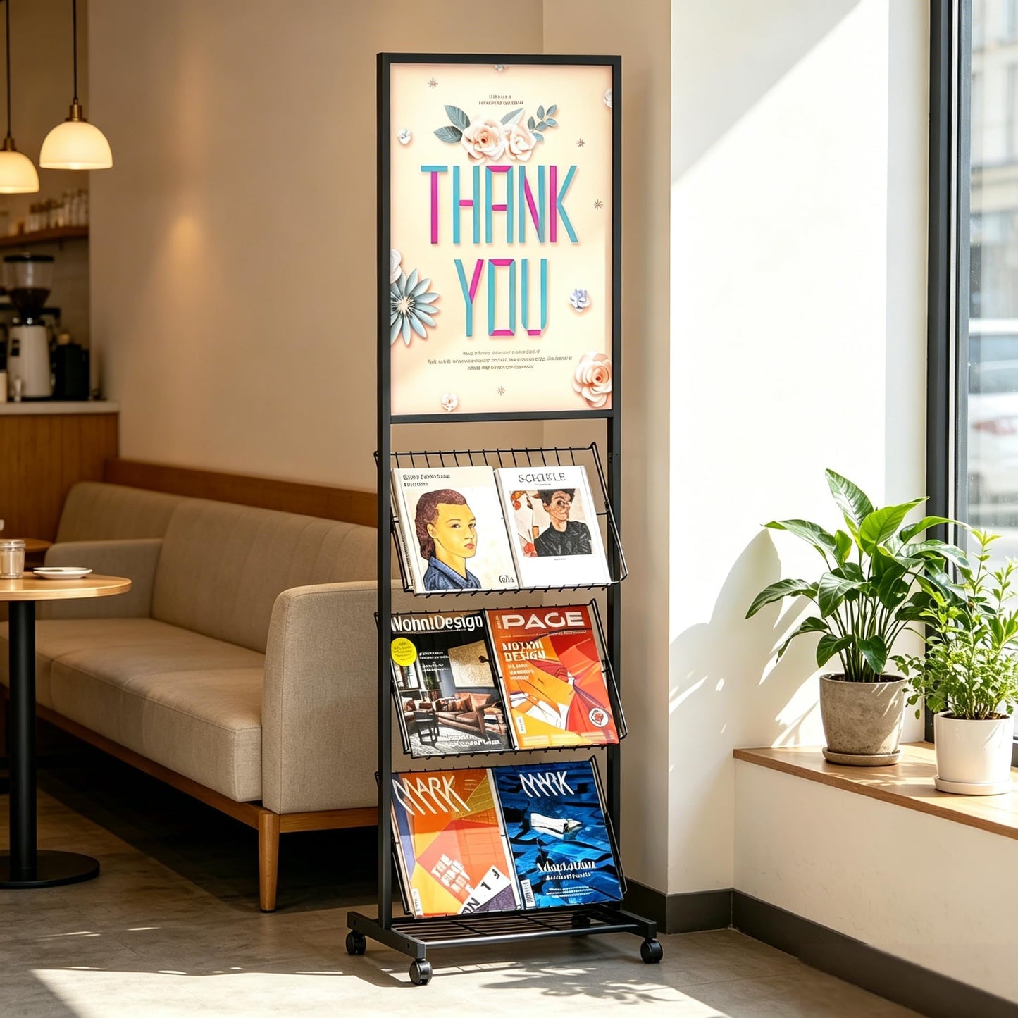 lesolar Floor-Standing Magazine Rack with Poster Board Stand, 4-tier Metal Magazine Rack with Wheels, Newspaper Holder, Book Brochure Display Stand, Poster Sign Holder for Exhibitions Store Business