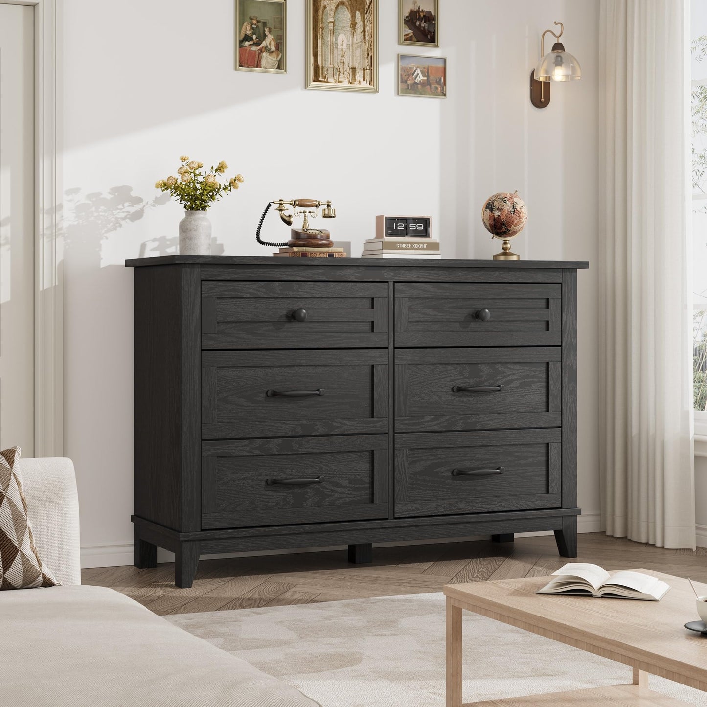 GarveeHome 6 Dresser for Bedroom, 47 in Wide Drawer Dresser with Storage Freestanding, Wooden Closet Storage Chest for Living Room, Bedroom, Entryway, Dark Black