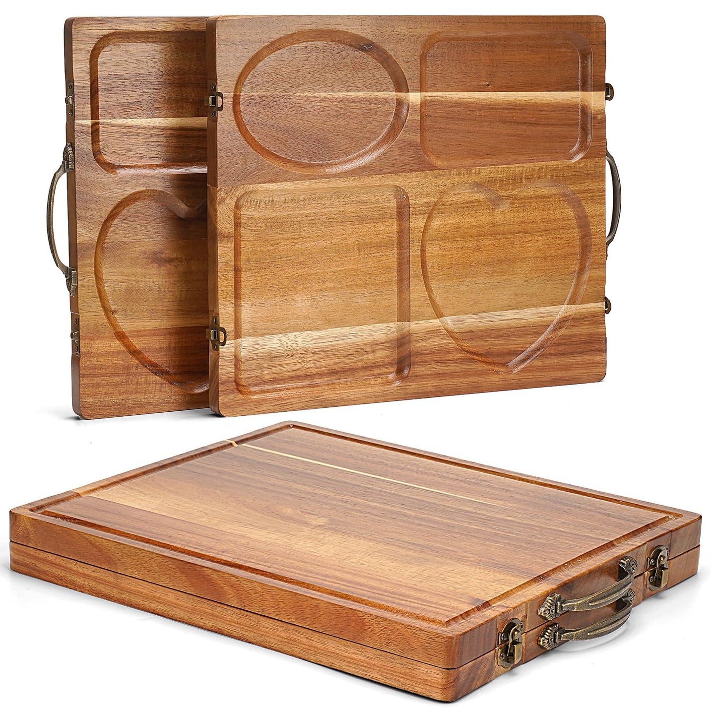 Acacia Wooden Cutting Boards for Kitchen, 2 in 1 Charcuterie Boards and Serving Tray with Compartments, Foldable Wood Cutting Board Camping Parties Housewarming Wedding Gift Serving Platters and Trays