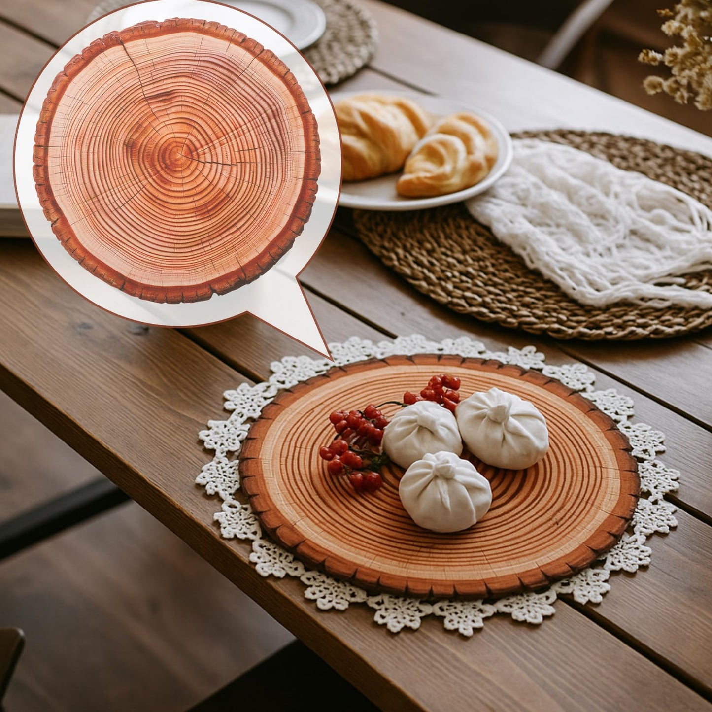 Remerry Leather Wooden Slice Placemats Set of 6, 13.8'' Round Rustic Charger Plates Wood Slices Place Mats Farmhouse Table Mats for Wedding Table Decoration Kitchen Dining Waterproof