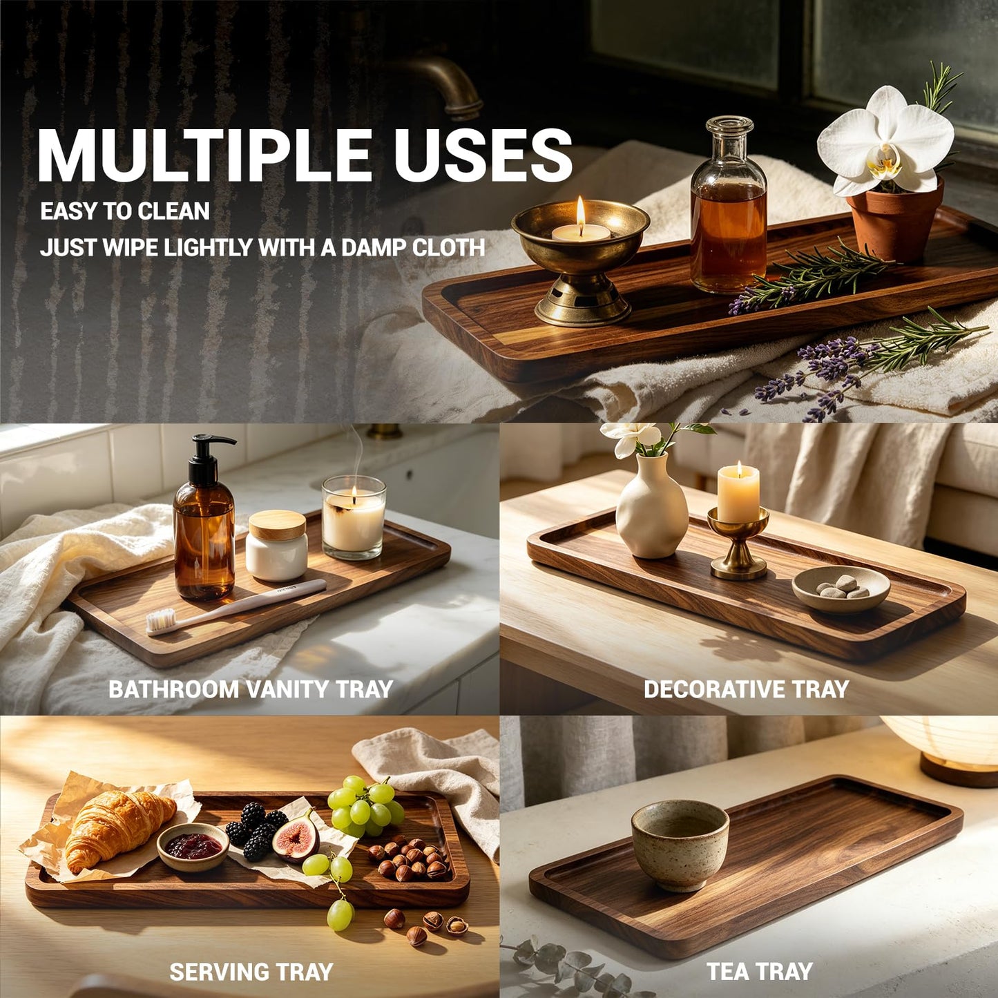 SANZIE Walnut Wooden Tray for Bathroom, Wood Vanity Tray for Counter, Toilet Tank, Rectangle Serving Tray for Food Appetizer Tea Dessert Kitchen Candle Tissue Home Decor (13.74 x 5.47 in)