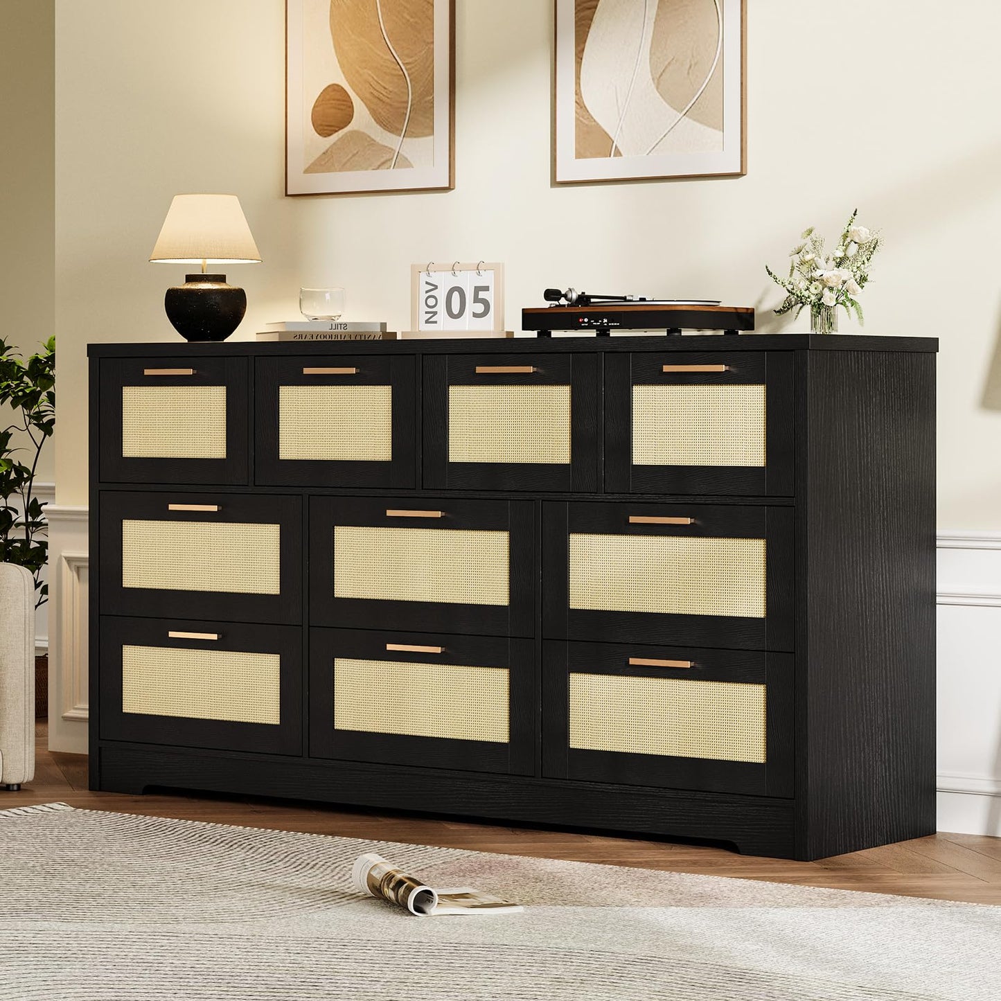 GarveeLife 10 Drawer Dresser for Bedroom, 59 in Farmhouse Rattan Dressers & Chests of Drawers, Wooden Storage Organizer with Anti-Tipping Device for Living Room, Hallway, Entryway, Black