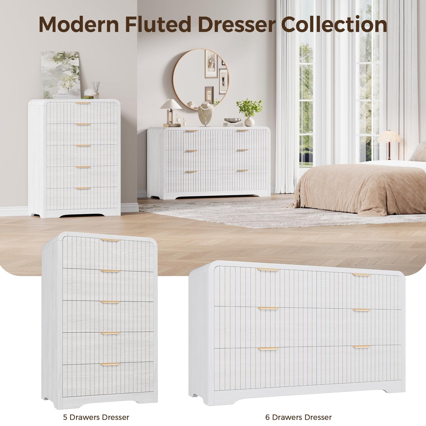 Jocoevol Modern 6 Drawer Dresser for Bedroom, 47" Wide Wood Dressers & Chests of Drawers Curved Profile Design, Mid Century Modern Fluted Dresser for Bedroom, White