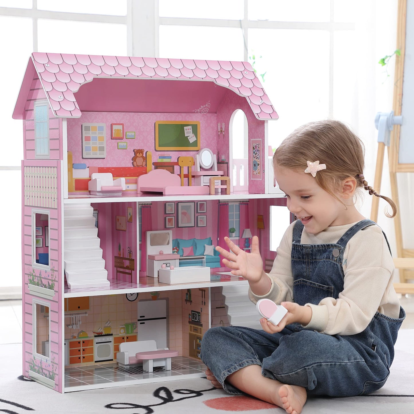 OCINONE Kids Dollhouse - Pink Wooden Doll House with 10-Piece Mini Furniture Set, 3-Story & 5 Open Rooms, Easy to Assemble Pretend Play House, Gift for Girls Boys Ages 3 4 5 6 Years Old
