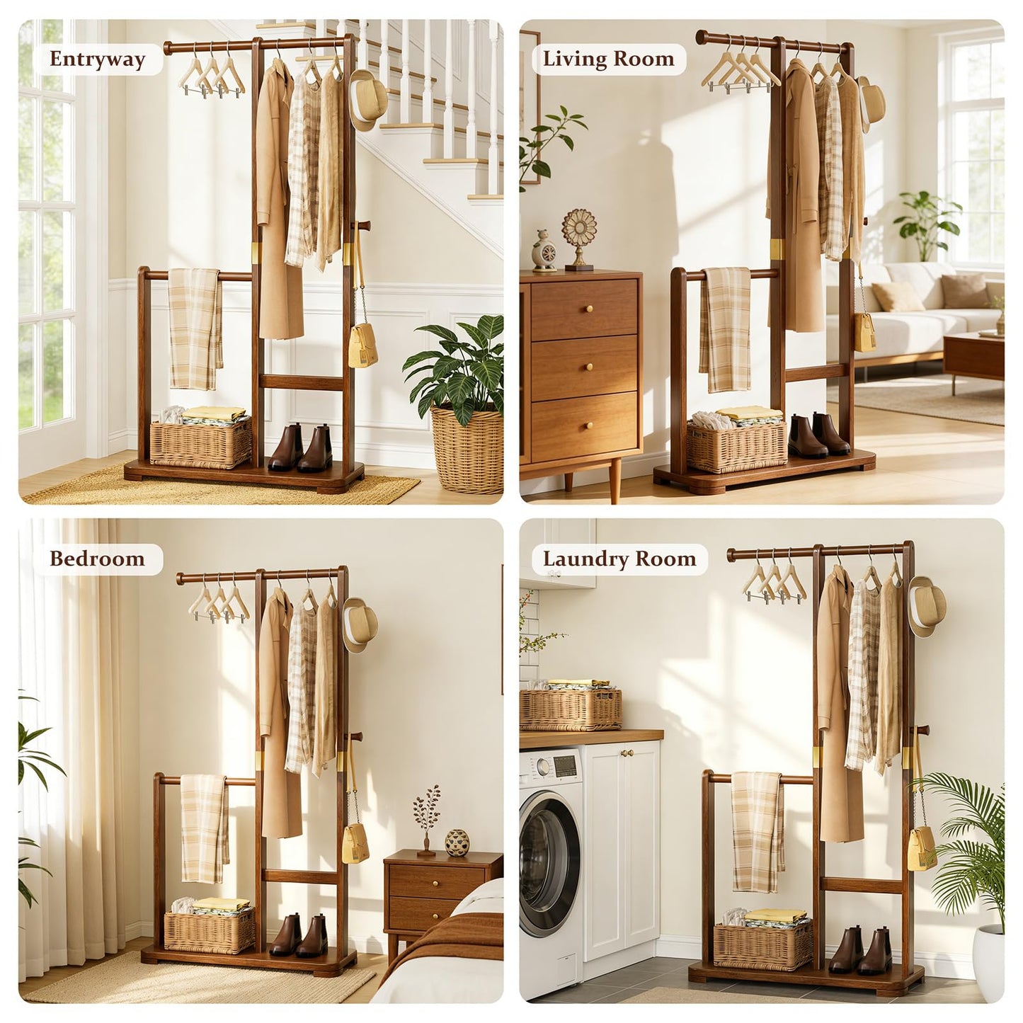 Wamhom Solid Wood Coat Rack, Freestanding Standing Clothes Rack with Double Hanging Rods for Coats, Jackets, Wooden Coat Tree Garment Rack for Bedroom Entryway Hallway, Space Saving Small Coat Rack