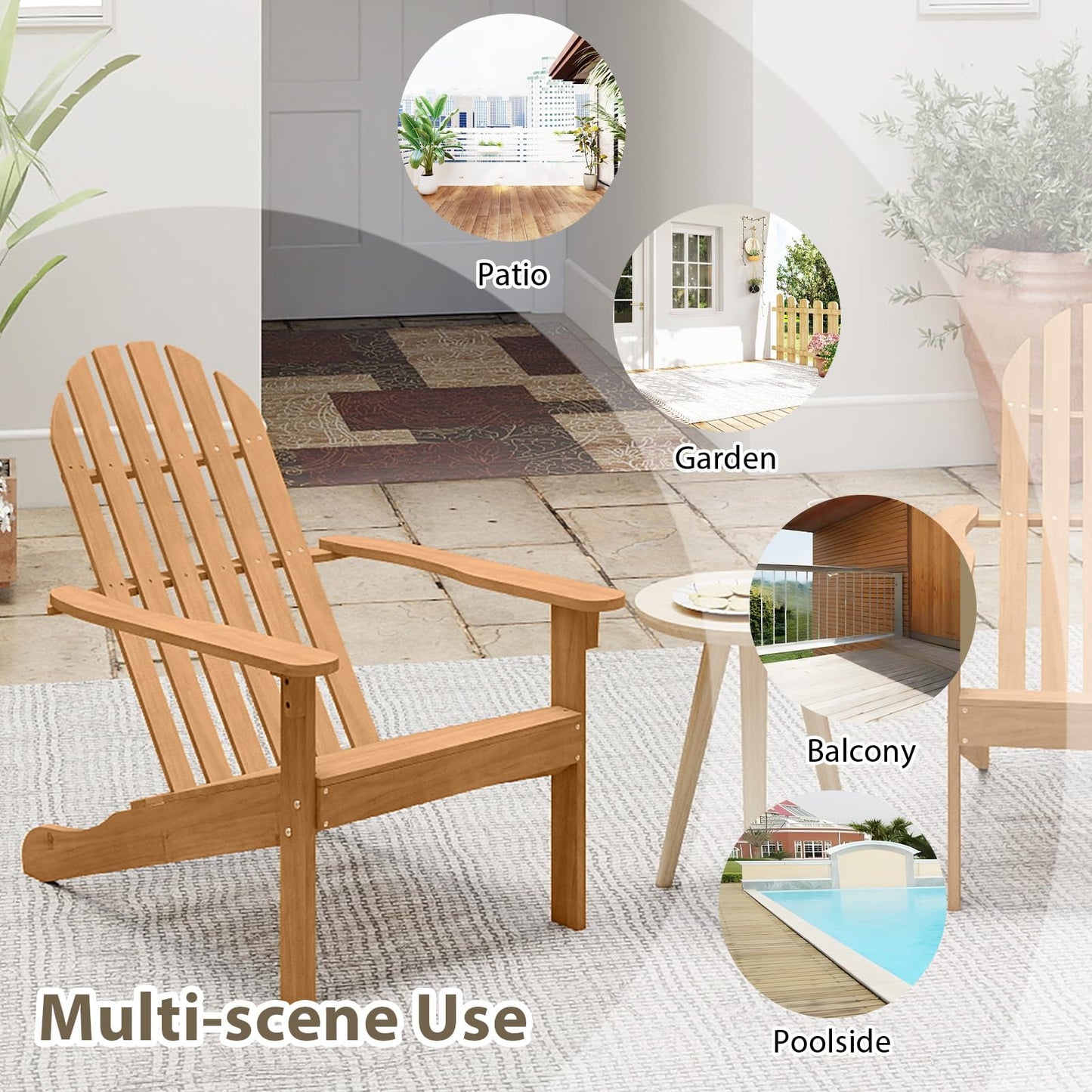 Tangkula Outdoor Adirondack Chair, Solid Acacia Wood Fire Pit Chair with Inclined Backrest, Curved Seat & Wide Armrests, Wooden Lawn Chair for Porch, Patio, Garden, Backyard, Deck (2, Natural)