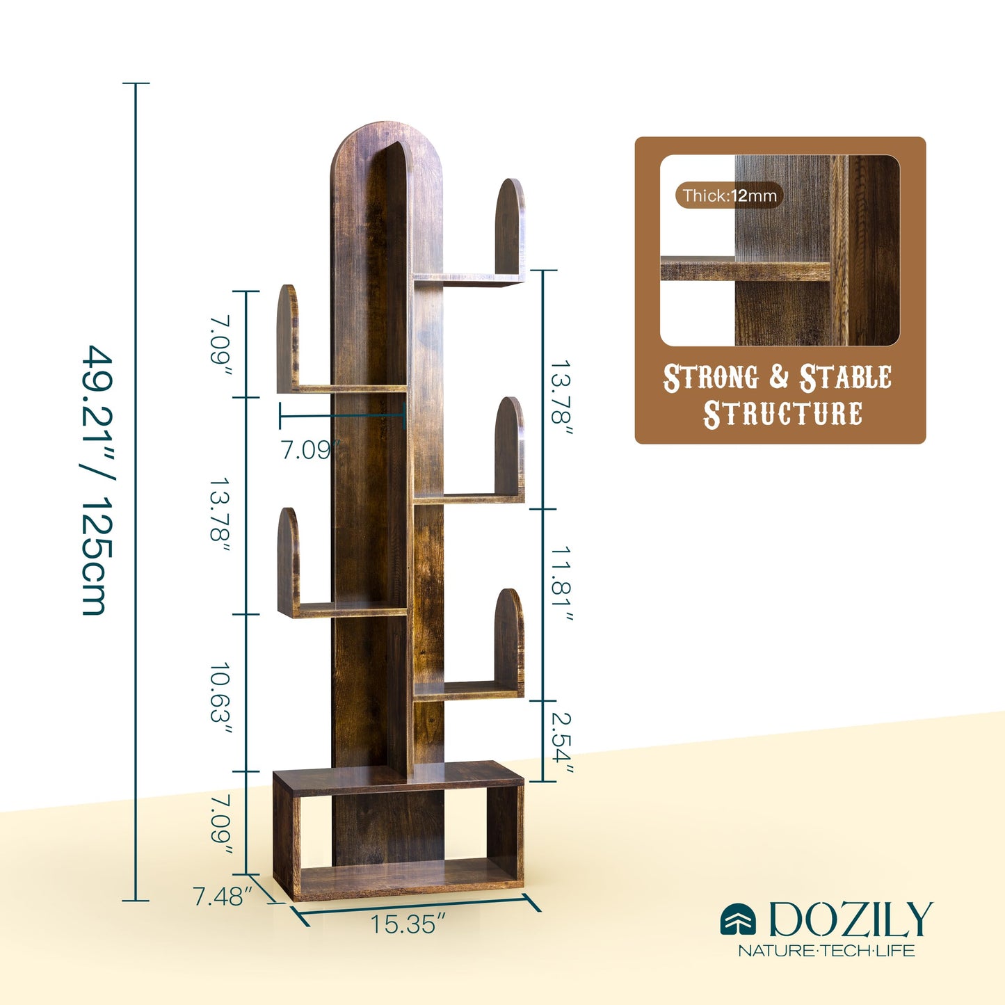 DOZILY Cactus Tree Bookshelf, 5-Tier Wood 50" Tall Corner Storage Rack for CDs/Movies/Books, Small Space-Saving Organizer Shelves for Living Room, Bedroom, Home Office (Rustic Brown)