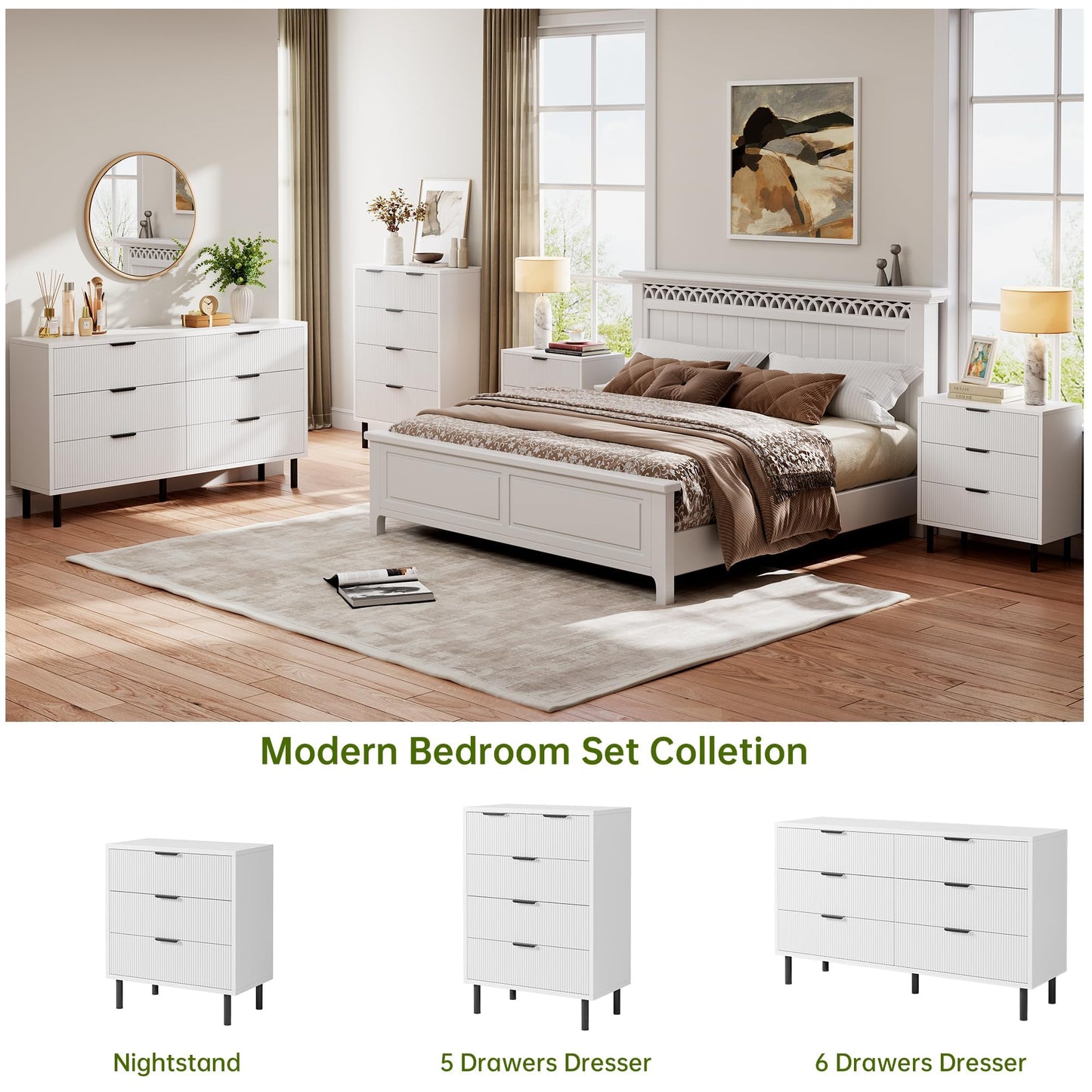 GarveeHome White Wave Fluted 5 Drawer Dresser for Bedroom, Modern Wood Chest of Drawers with Wide Drawers, Closet Dresser Organizer with Anti-Tipping Device and Metal Legs for Hallway Entryway