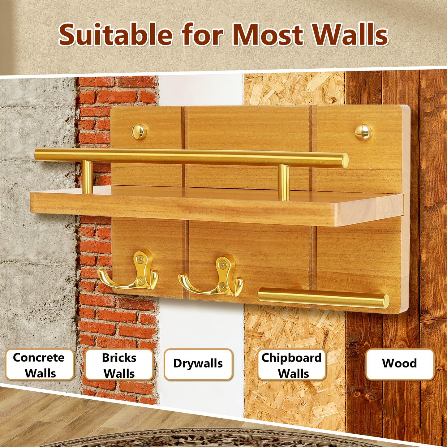 Fopeat 9.8" Teak Wood Key Hooks for Wall, Solid Wood Key Holder Wall Mount, Decorative Mail Organizer with Key Rack and Shelf, Rustic Home Decor for Entryway Living Room Bathroom Bedroom