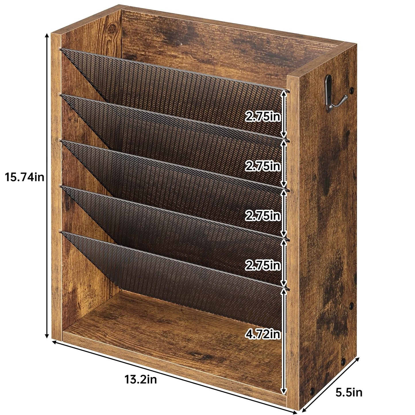 Creso hom Mail Organizer Wall Mounted, 6-Tier Wall File Organizer with 2 Hooks, Wooden Desk Organizer Magazine Holder with Bottom Flat Tray, for Office Home, Rustic Brown