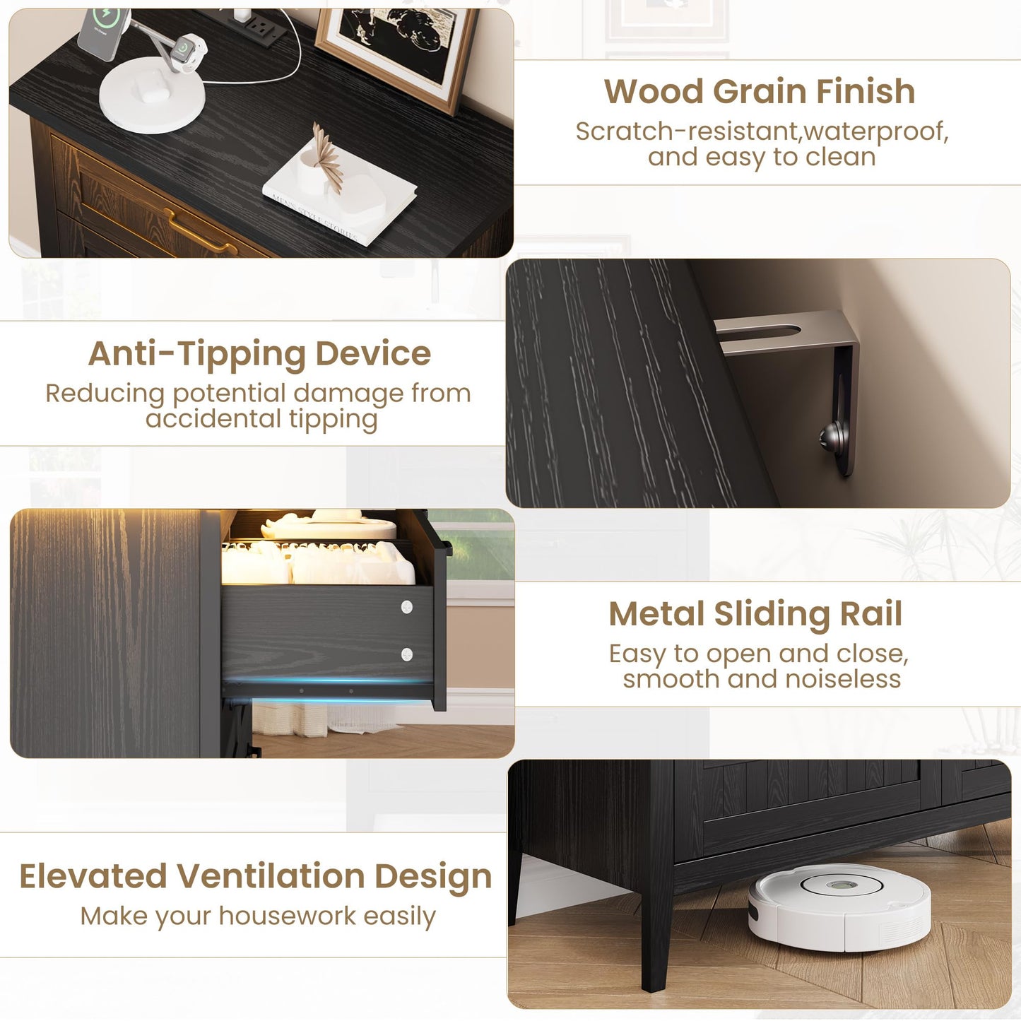 IDEALHOUSE 44.9'' Tall 5 Drawer Dresser with Charging Station & LED Lights