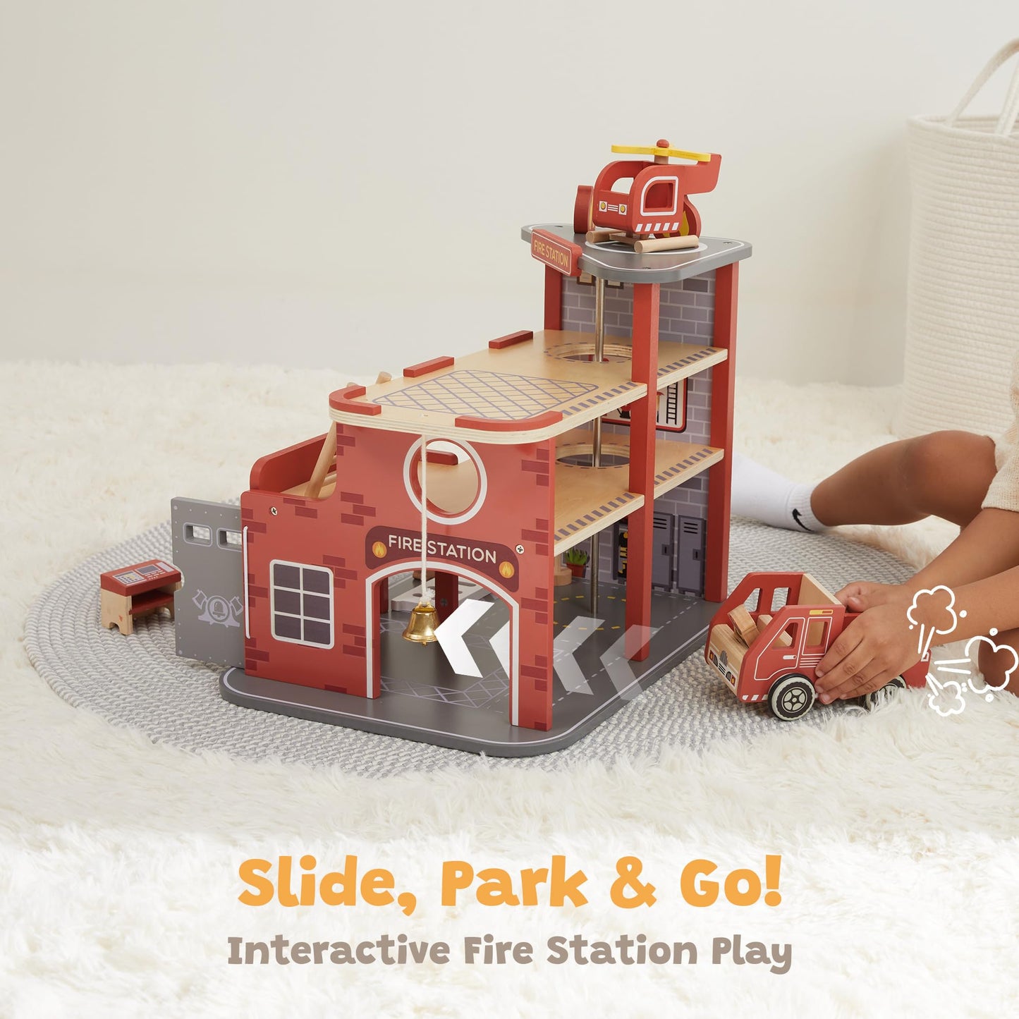 Freniland Wooden Fire Station Playset, 4-Level Pretend Play Firehouse with Fire Truck, Helicopter, Figures & Accessories, Educational Role Play Toy for Toddlers Kids Age 3+
