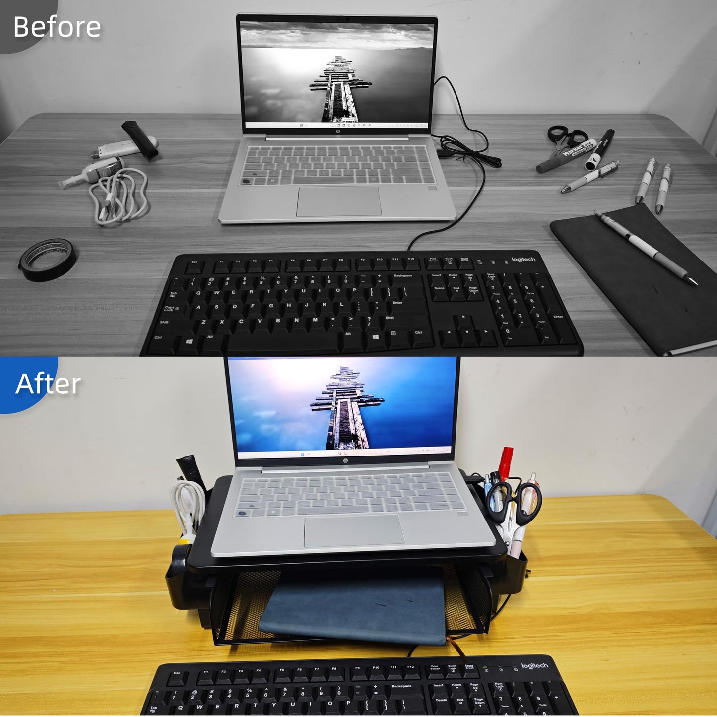 VOXMOUNT Monitor Stand Riser, Metal Laptop Stand with Storage, Printer Stand with Vented Drawer and Side Storage, Desk Organizer for Monitor, VMMR01-WDB