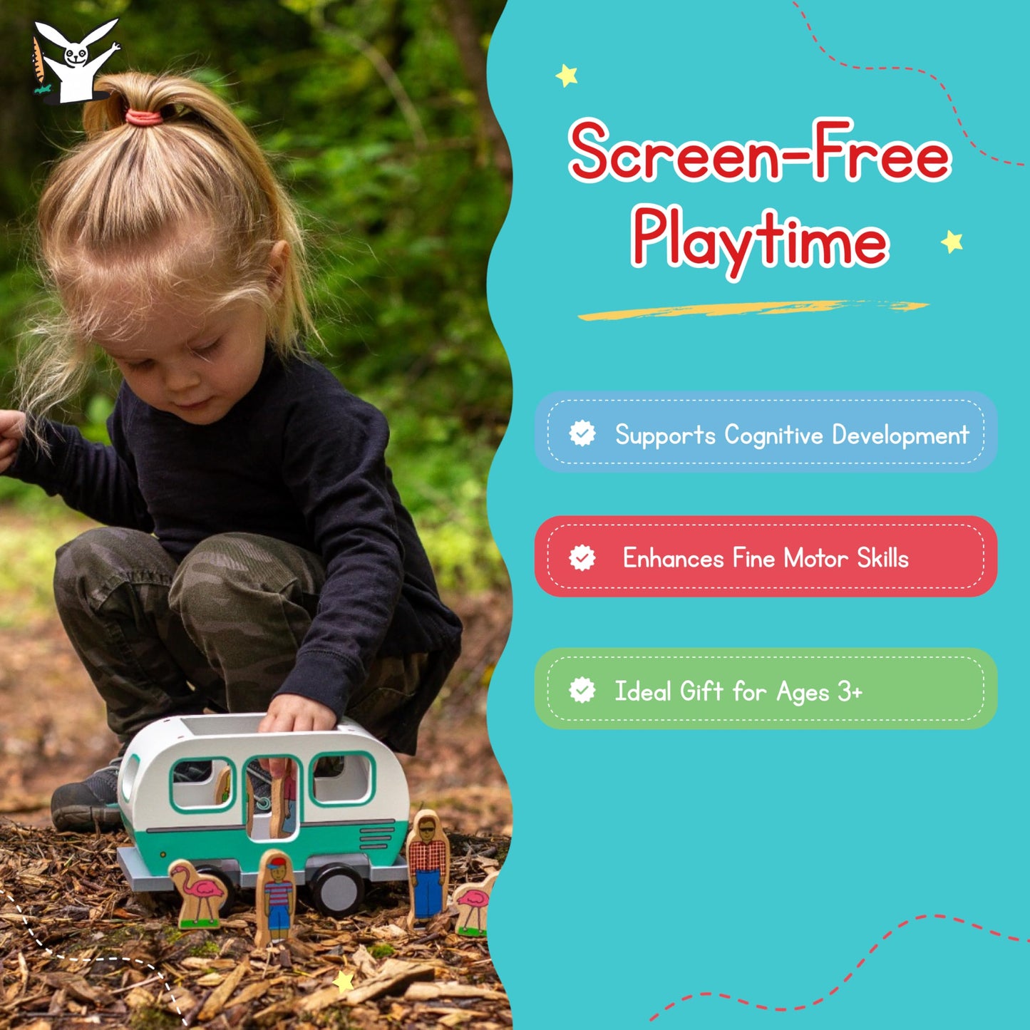 Jack Rabbit Creations 7-Piece Magnetic Glamper Camper Van – Family of 4 & Pink Flamingos – FSC Wood, Non-Toxic – Camping Toy, Imaginative Play – Toddler Gift, Ages 3+