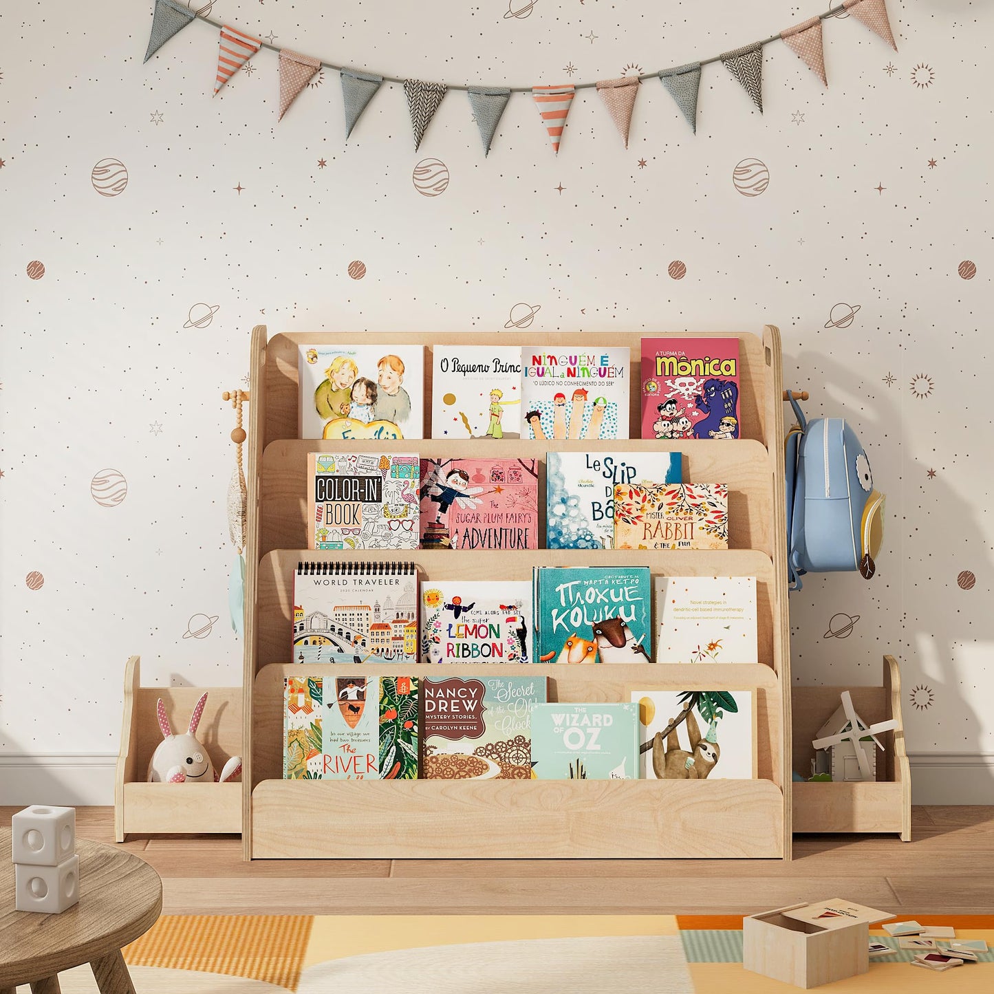 AMBIRD Kids Bookshelf with Drawers & Hooks, 4-Tier Forward-Facing Book Display for Toddlers, Wooden Magazine Rack with Hidden Toy Storage, Montessori-inspired Bookcase for Bedroom, Nursery & Classroom