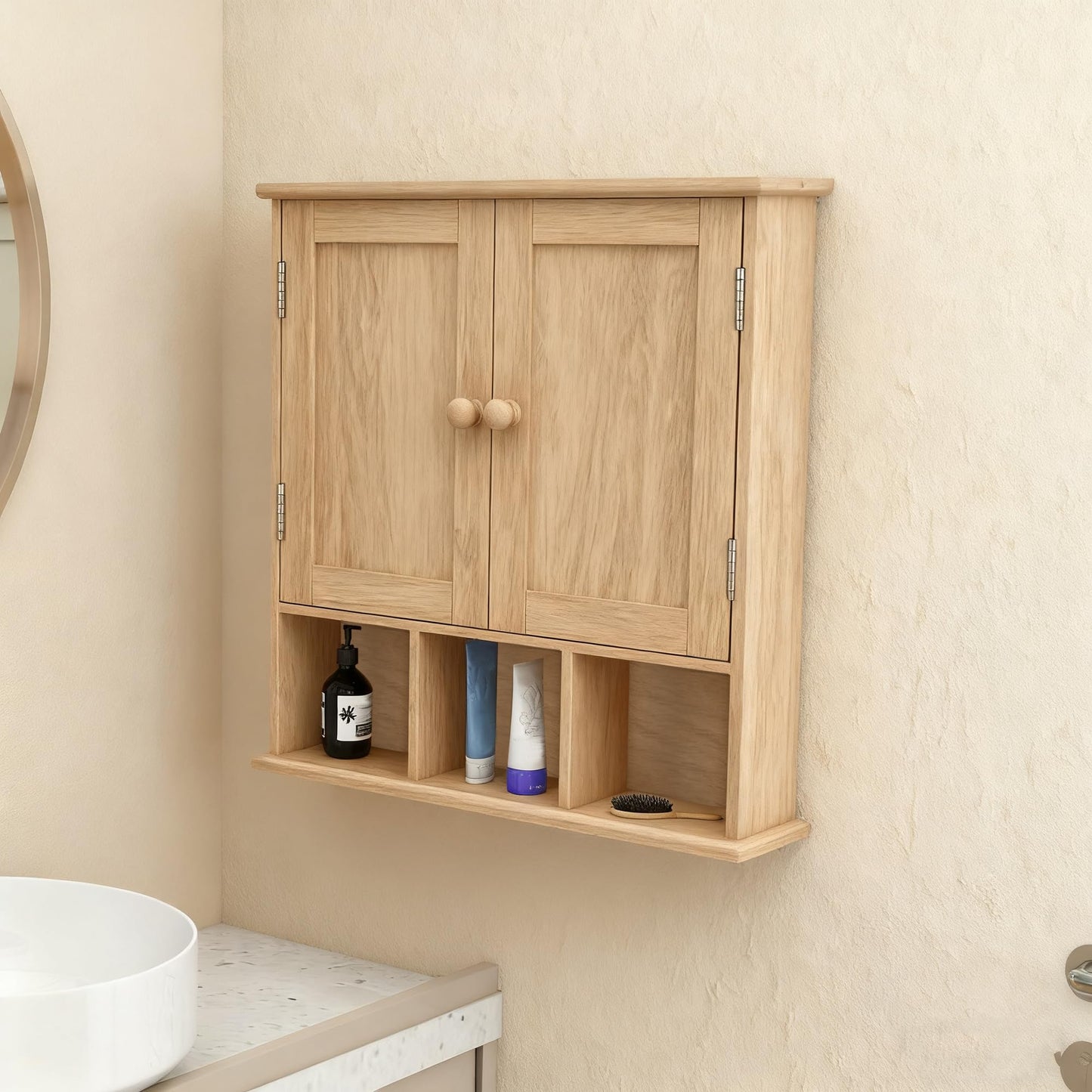 TaoHFE Natural Wooden Color Bathroom Wall Cabinet with 2 Door Adjustable Shelves,Over The Toilet Storage Wall Mounted Medicine Cabinets for Bathroom Laundry Room Kitchen