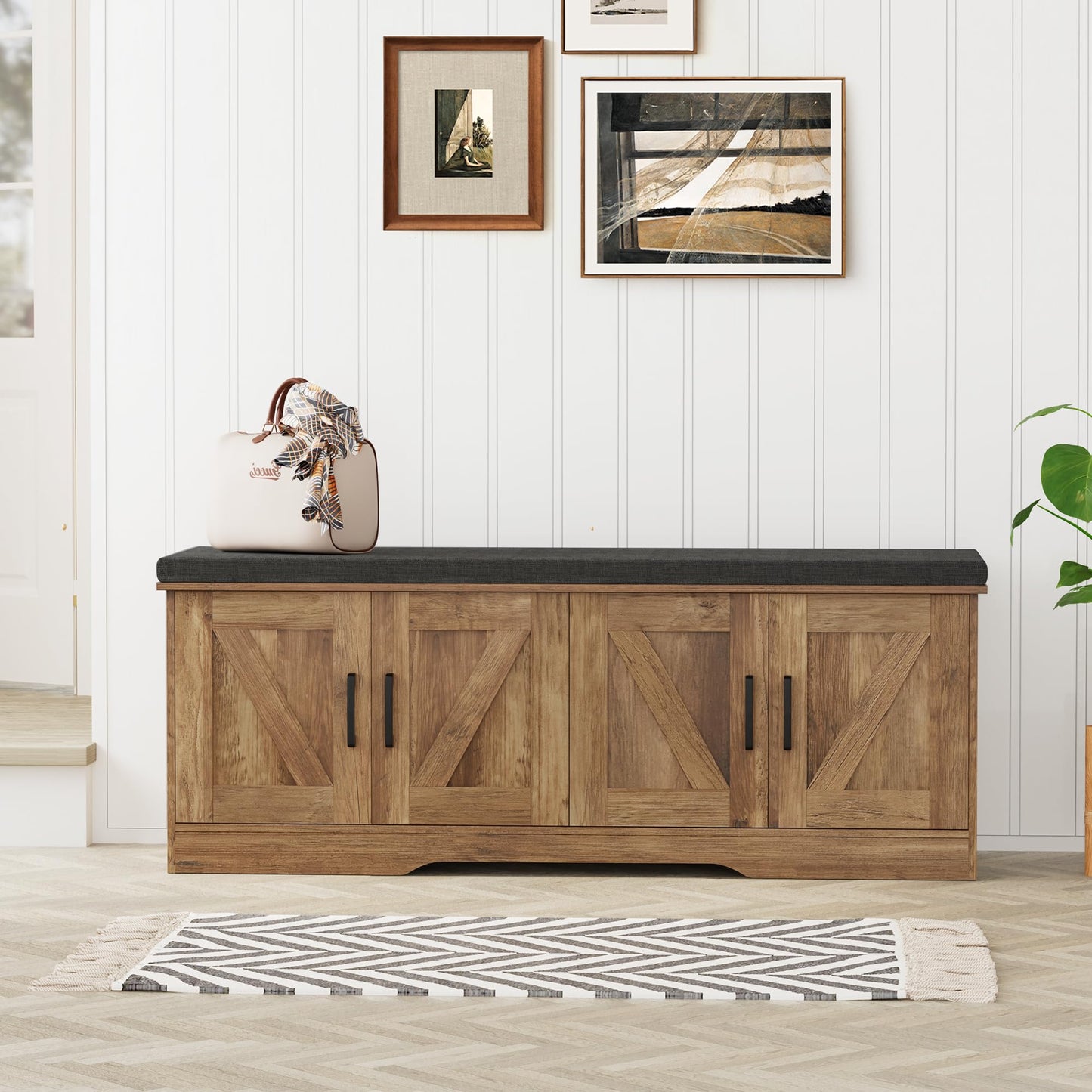 HOMSHO 2-Tier Storage Bench, 47.2" Wide Shoe Bench with Padded Seat Cushion, Entryway Bench with 4 Barn Doors and Adjustable Shelf, Rustic Walnut