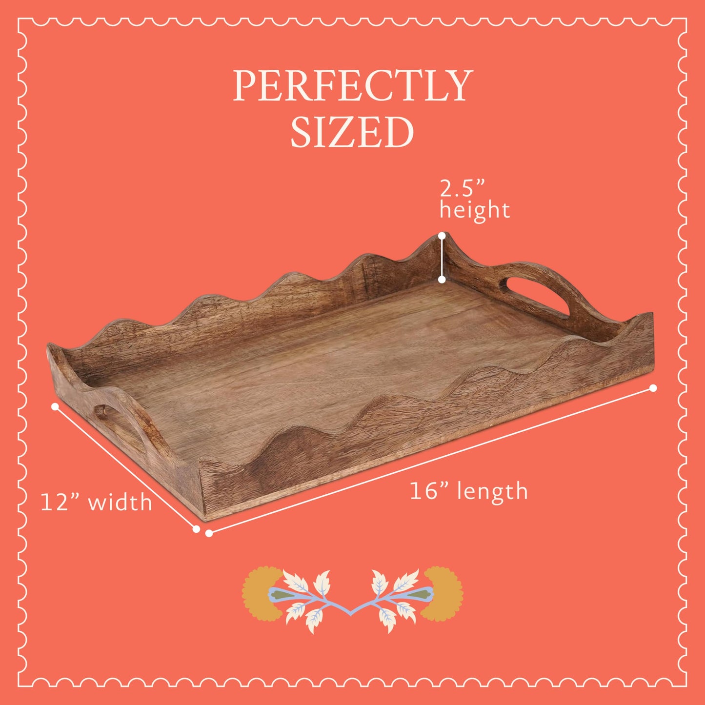 Mela Artisans 16” x 12” x 2.5” Mango Wood Serving Tray with Handles – Ottoman Scalloped White Burnt – Large Handcrafted Wooden Serving Board for Breakfast, Coffee & Home Décor