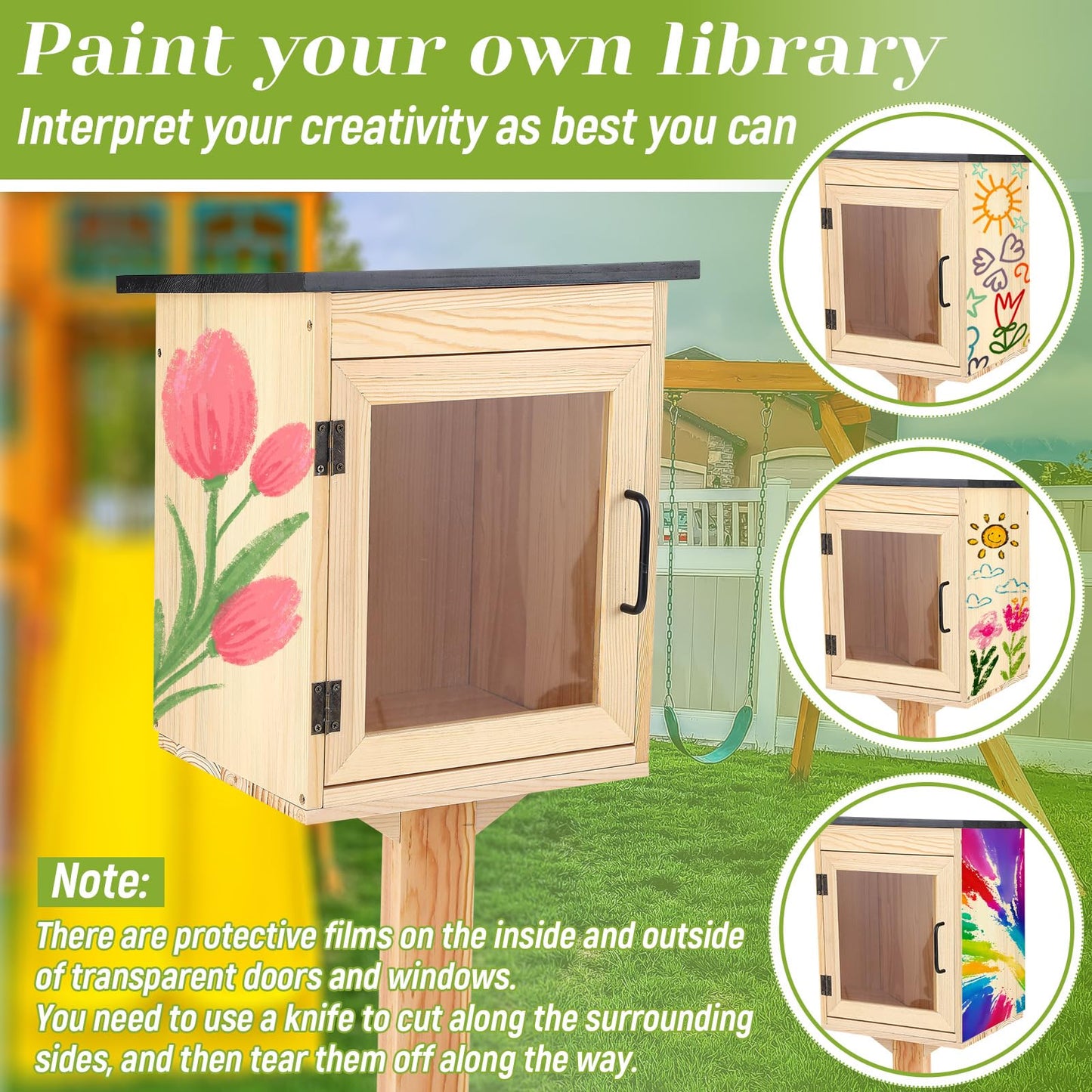 Wanderjune Outdoor Little Library Kit, Weatherproof Solid Wood Book Exchange Box with Floor Plugs & Small Flower Fence for Neighborhood, Community, Library & School(Natural Wood)