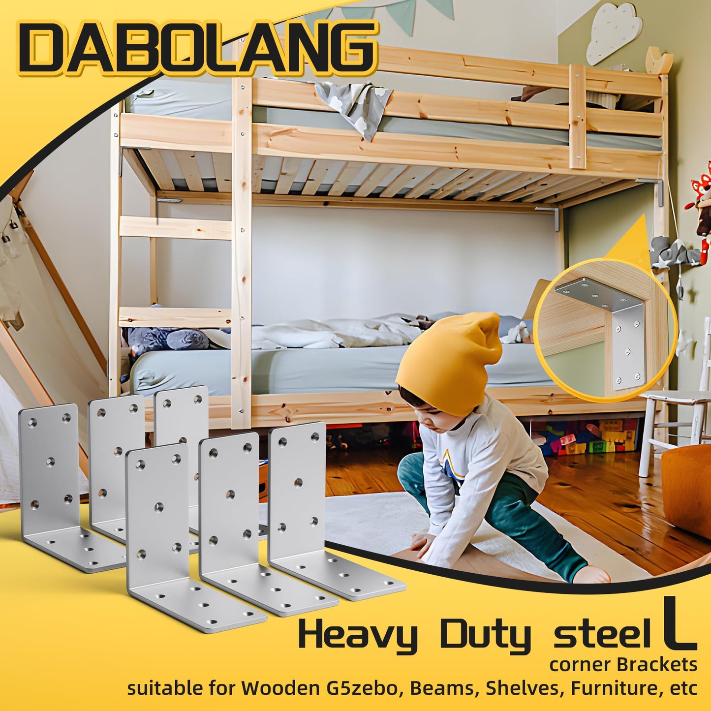 Dabolang 5" X 5"Heavy Duty Shelf Brackets,6PCS L Brackets for Wood,L-Shape Corner Bracket,90 Degree Angle Bracket,Galvanized Corner Brace for Wood Furniture, Bed Frames, Shelving & Timber Projects