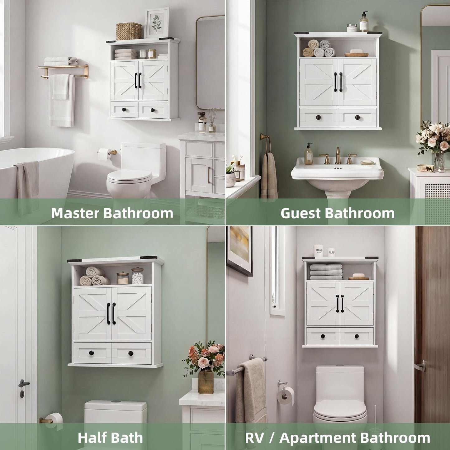 OONNEE Bathroom Wall Cabinet, 23" x 25" Farmhouse Over The Toilet Storage with Motion LED Light & Safety Drawers, Wooden Medicine Cabinet, Water-Resistant White Organizer (9" Depth)