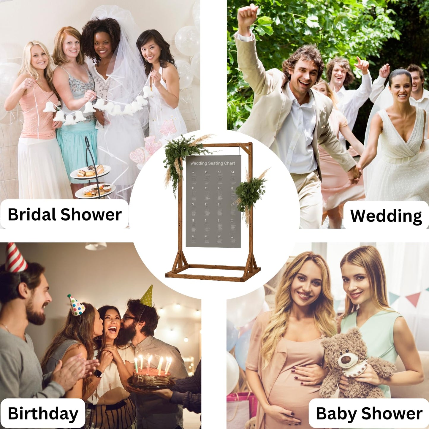 Merrifete Wooden Welcome Sign Stand, Heavy Duty Adjustable Sign Holder Stand Wood Easel w/ Poster Design Templates for Wedding, Bridal Shower, Baby Shower, Birthday Party, 62" x 30" x 20"