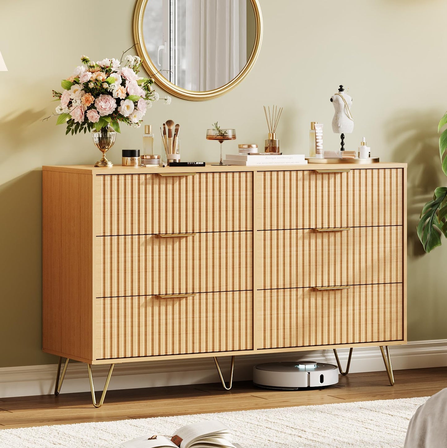 GarveeHome Fluted Dresser for Bedroom with 6 Drawers,47" Wide Modern Chest of Wooden Bedroom Chest with Metal Handle,Clothes Storage Organizer,Dresser & TV Stand for Living Room,Hallway