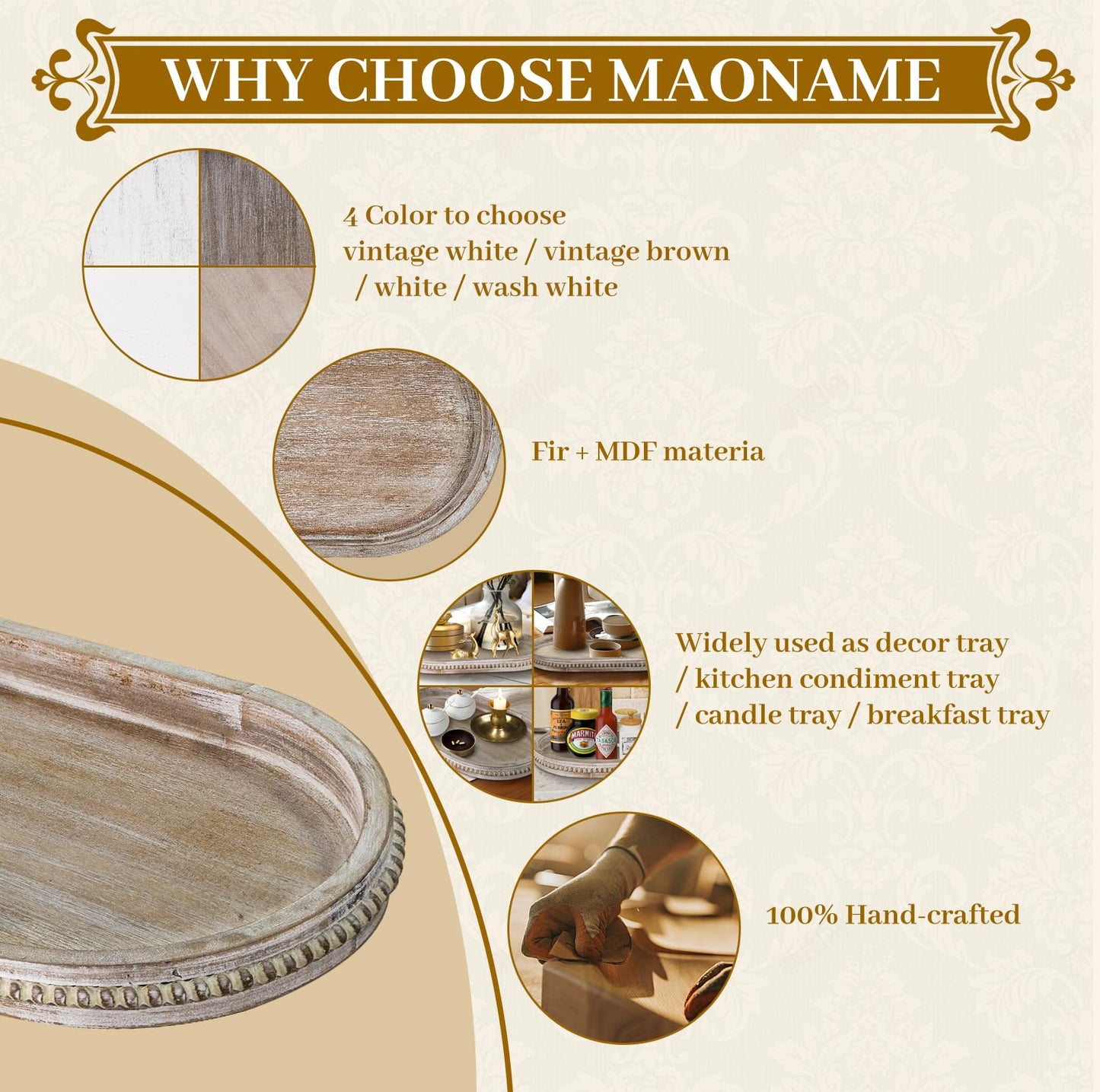 MAONAME Wood Serving Tray, Farmhouse Wooden Tray for Coffee Table, Oval Beaded Trays, Washed White Decorative Trays for Living Room, Kitchen, 15" X 9" X 1.2"
