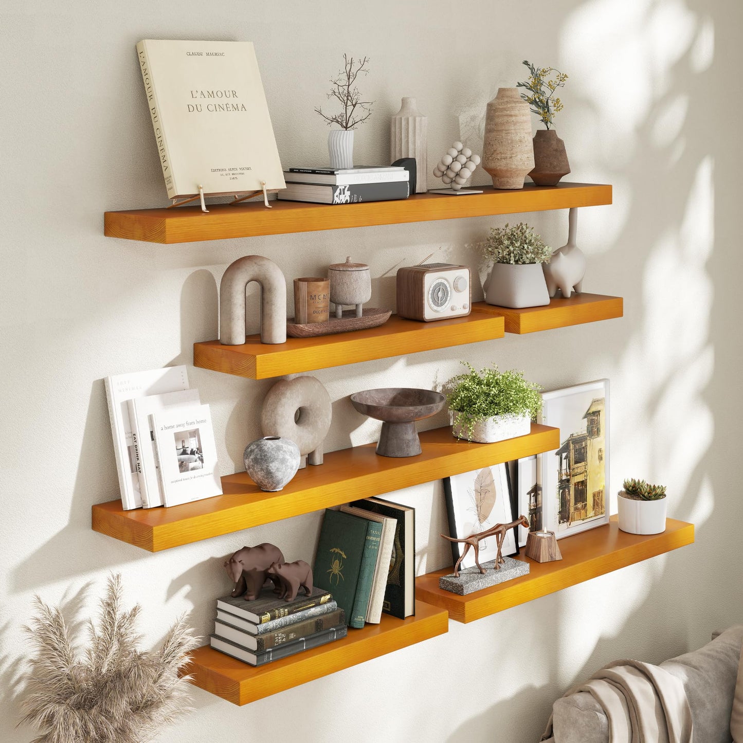 Marsmiles Wood Floating Shelves | 55 Inch Rustic Honey Oak Wall Shelves Set of 2 | 55" W x 7.7" D x 1.6" H Wooden Shelves for Bathroom Living Room Kitchen