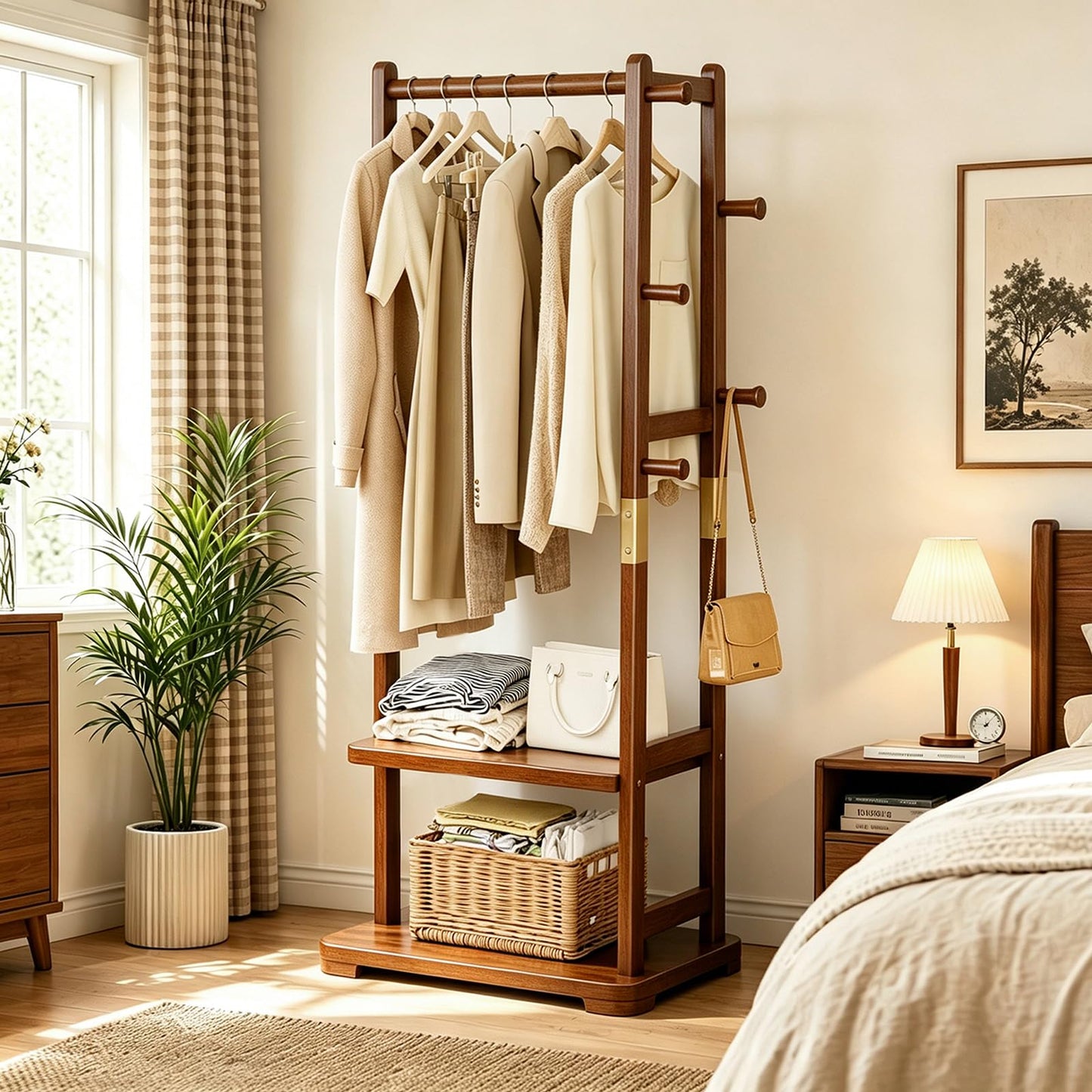 Taitiy Coat Rack Solid Wood Clothes Rack with 2 Shelves & 5 Hooks for Hanging Clothes Garment Wallets Hats, Clothing Rack Coat Rack Freestanding Hall Tree with Storage for Hallway Bedroom Living Room