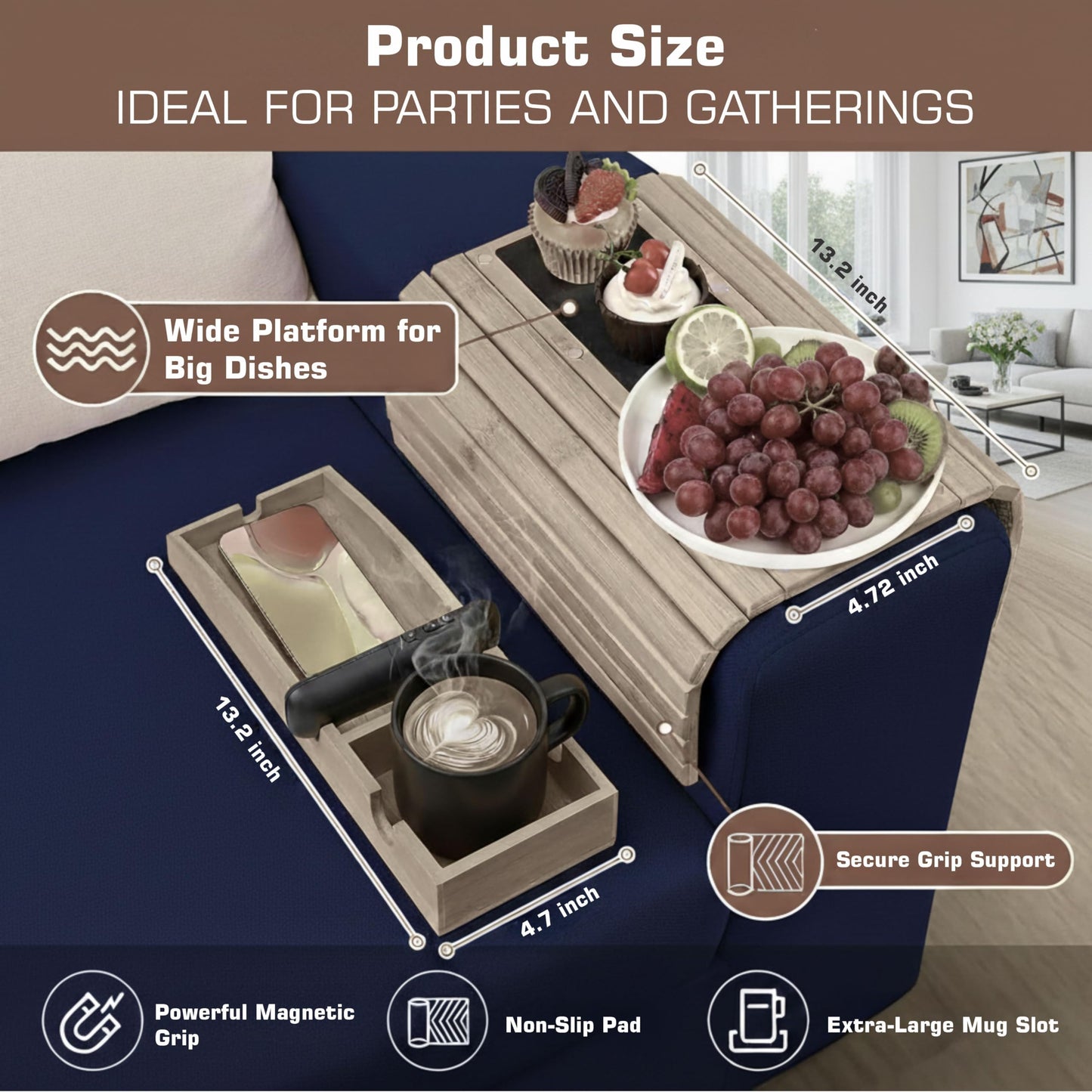 Wooden Sofa Arm Tray for Couch, Cup Holder & Armrest Organizer – Non-Slip Couch Arm Tray, Couch Cup Holder for Drinks, Snacks & Remotes – Flexible Couch Tray for Drink, Armrest for Living Room
