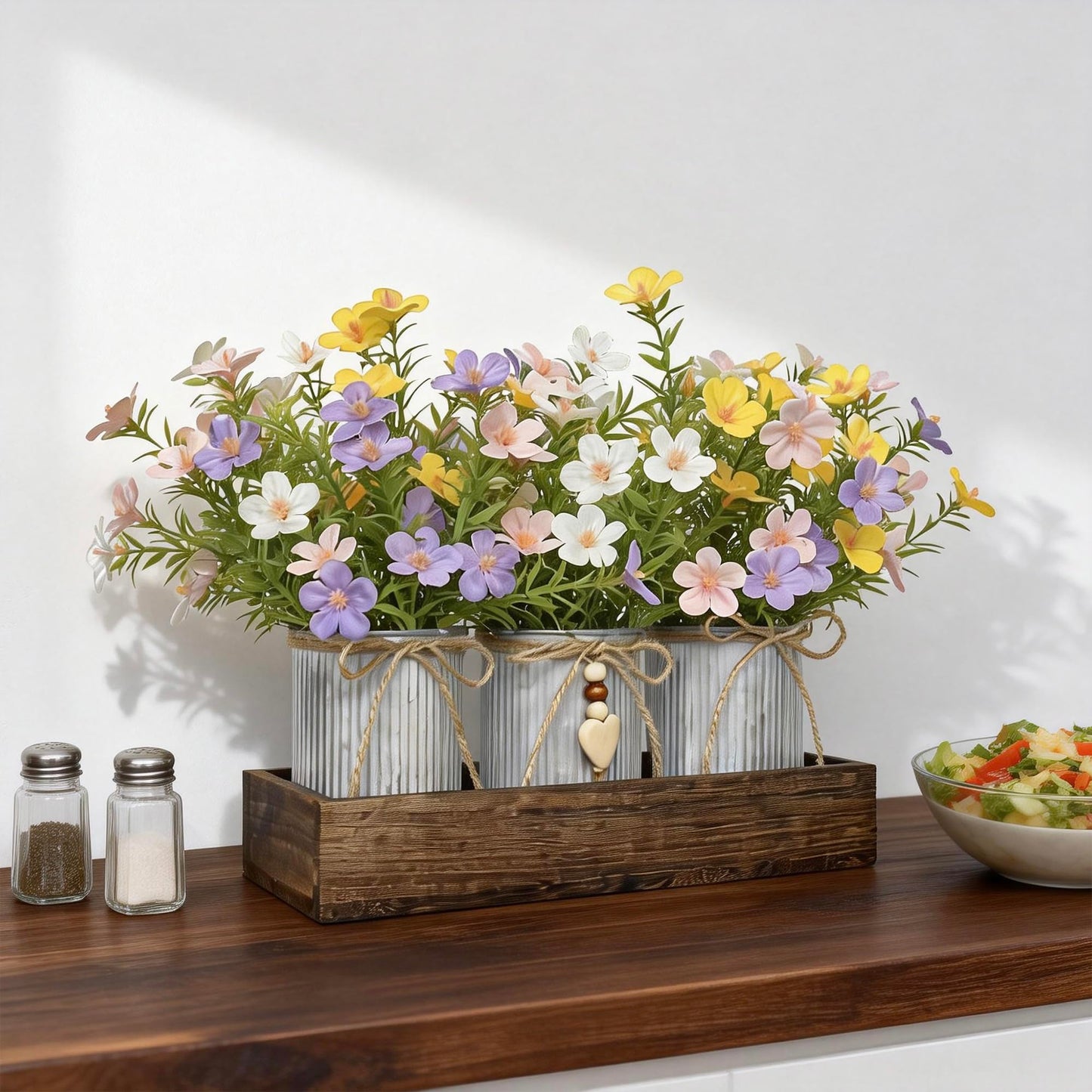 HEMYLU Artificial Gypsophila Baby's Breath, Rustic Table Centerpieces Home Decor for Dining Room, Farmhouse Wood Planter Box with 3 Galvanized Metal Pots Decorative Table Centerpiece