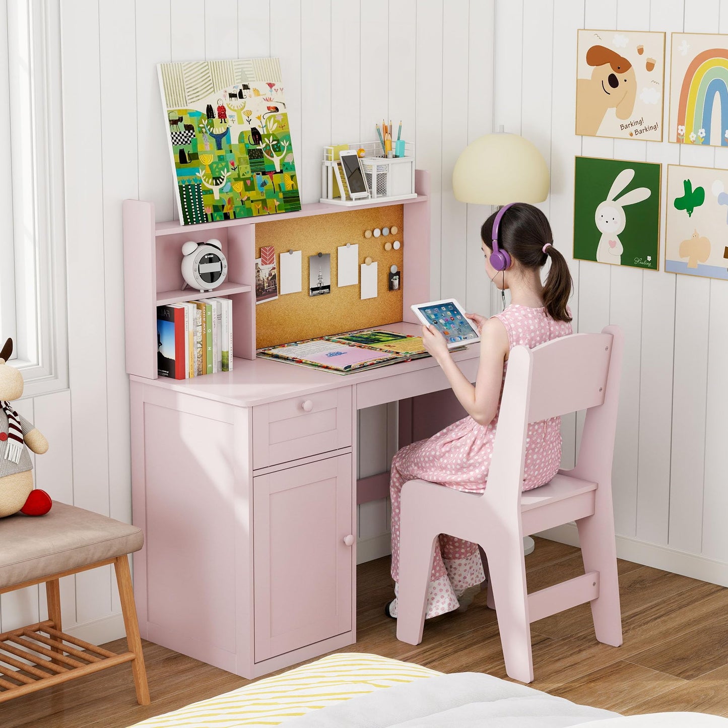 FTZxHKLX Kids Study Desk with Chair, Children Study Table and Chairs for 5-12 Years Old, Wooden Kids Desk and Chair Set with Hutch and Storage Cabinet for Bedroom, Study Room, Pink