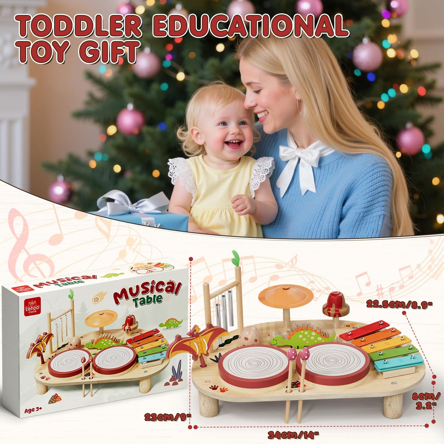Lehoo Castle Baby Drum Set, Wooden Musical Instruments, Montessori Toys for Toddlers, Percussion Set with Xylophone Maracas Egg Shaker Drum Sticks, Preschool Christmas Birthday Gift
