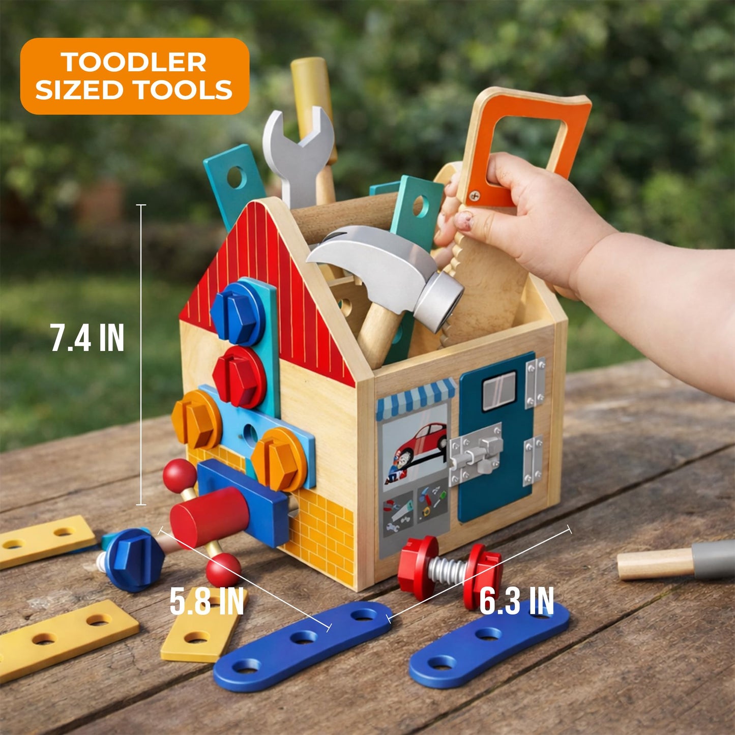 puzgic Educational Stem Kid Toys – Wooden Tool Set 4-in-1 Activity Board with Latches, Screw Assembly, Gear Game & Storage – Pretend Construction Toy for 3, 4,5,6,7 Years Boys & Girls
