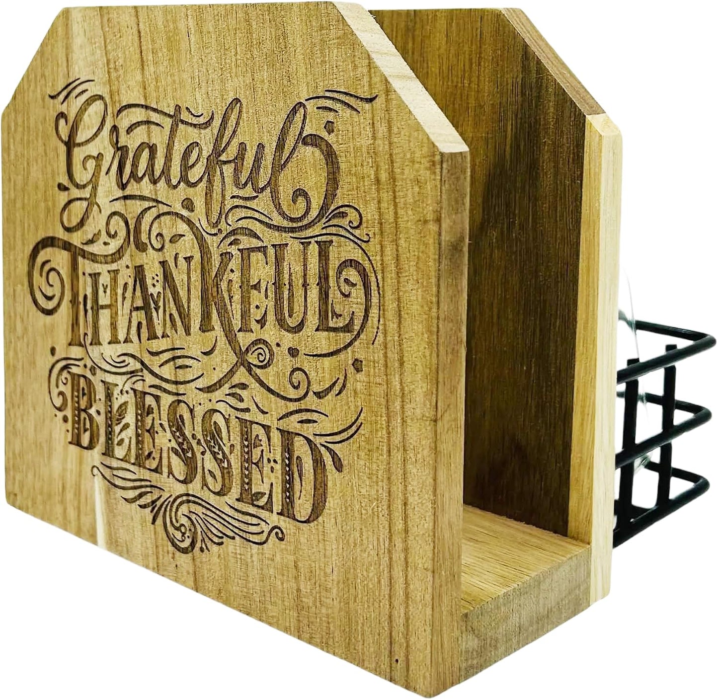 SPREWARE Acacia Wood Napkin Holder with 3 Salt & Pepper Shakers, Rustic Tabletop Napkin and Condiment Caddy, EVA Anti‑Slip Base, Holds 80 Standard Napkins – Grateful Thankful Blessed Design