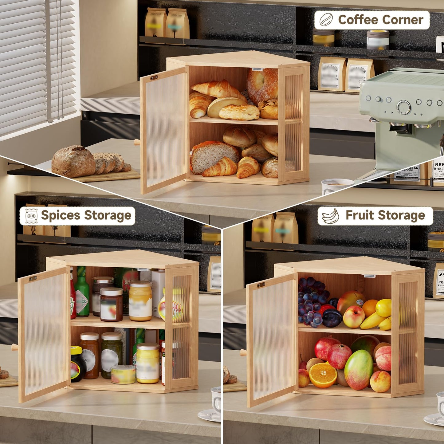 Vellzeyce Corner Bread Box for Kitchen Countertop,Double Layer Large Capacity Bread Storage Bin, Bamboo Bread Container with Acrylic Door (Natural, Mediun)