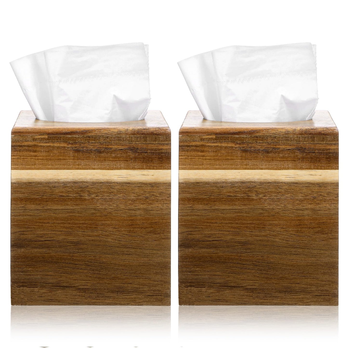 2 Pack Wooden Tissue Box Cover Square, Acacia Wood, 5.5 x 5.5 x 6.2