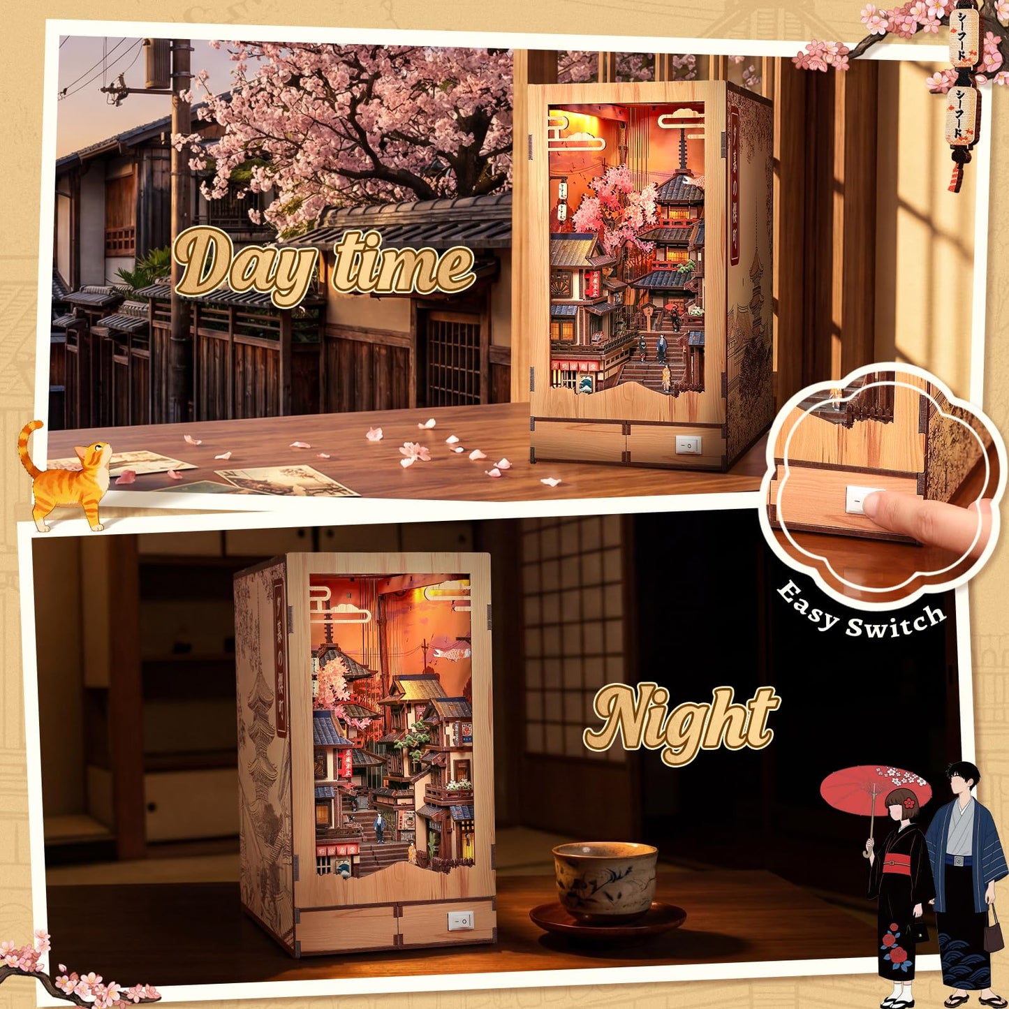 Cutefun Book Nook Kit - DIY Miniature Kyoto House Kit, 3D Wooden Puzzle 400+ Pcs Japanese Bookshelf Decor Bookend with LED, Fold-Out Cherry Blossom Alley Insert for Adults (Twilight Sakura Path)