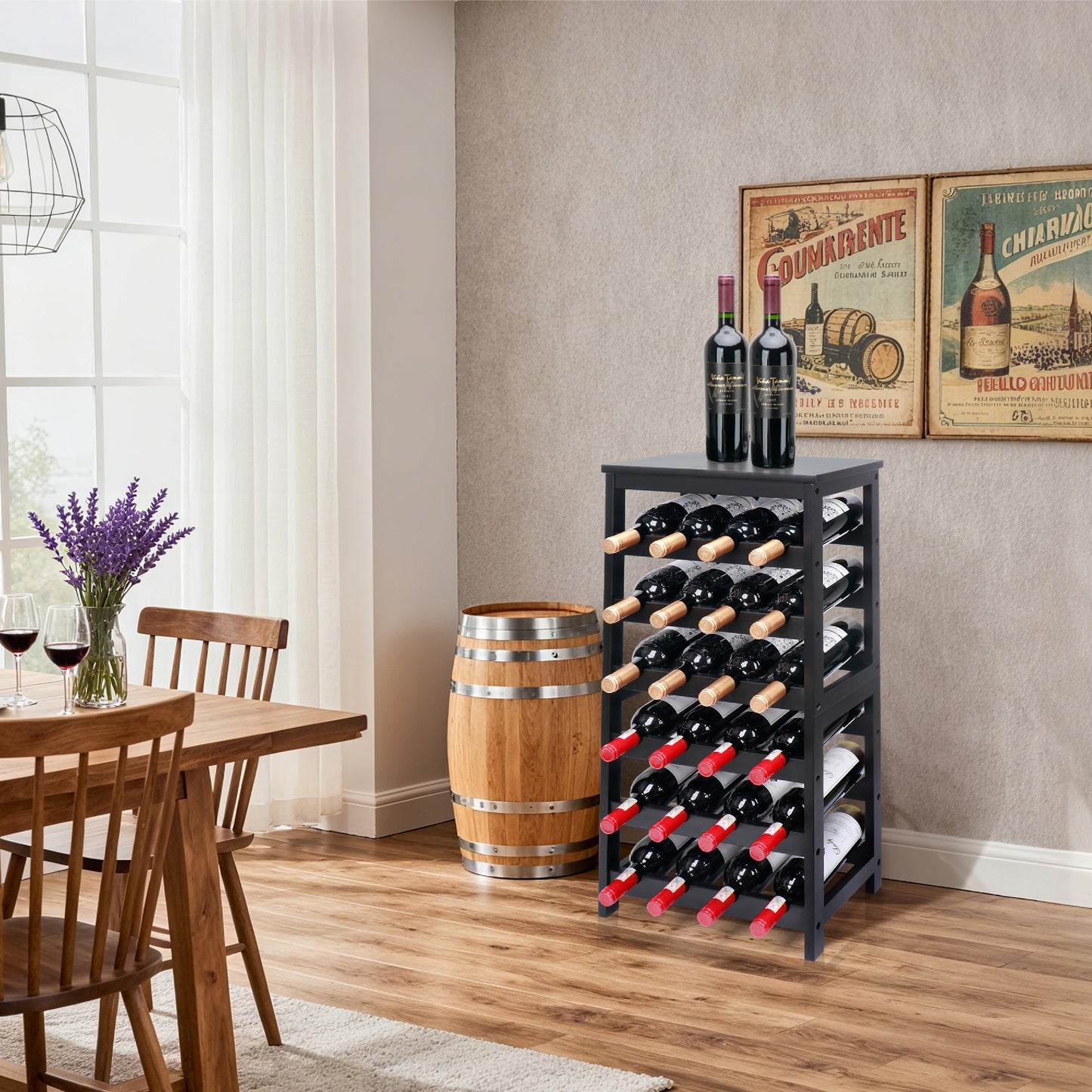 Thalomely Wine Rack Free Standing Floor, 6-Tier 24 Bottles Display Wine Storage Shelves with Table Top, Easy-Assembly Freestanding Bamboo Wine Racks for Kitchen Dining Room Bar, Black
