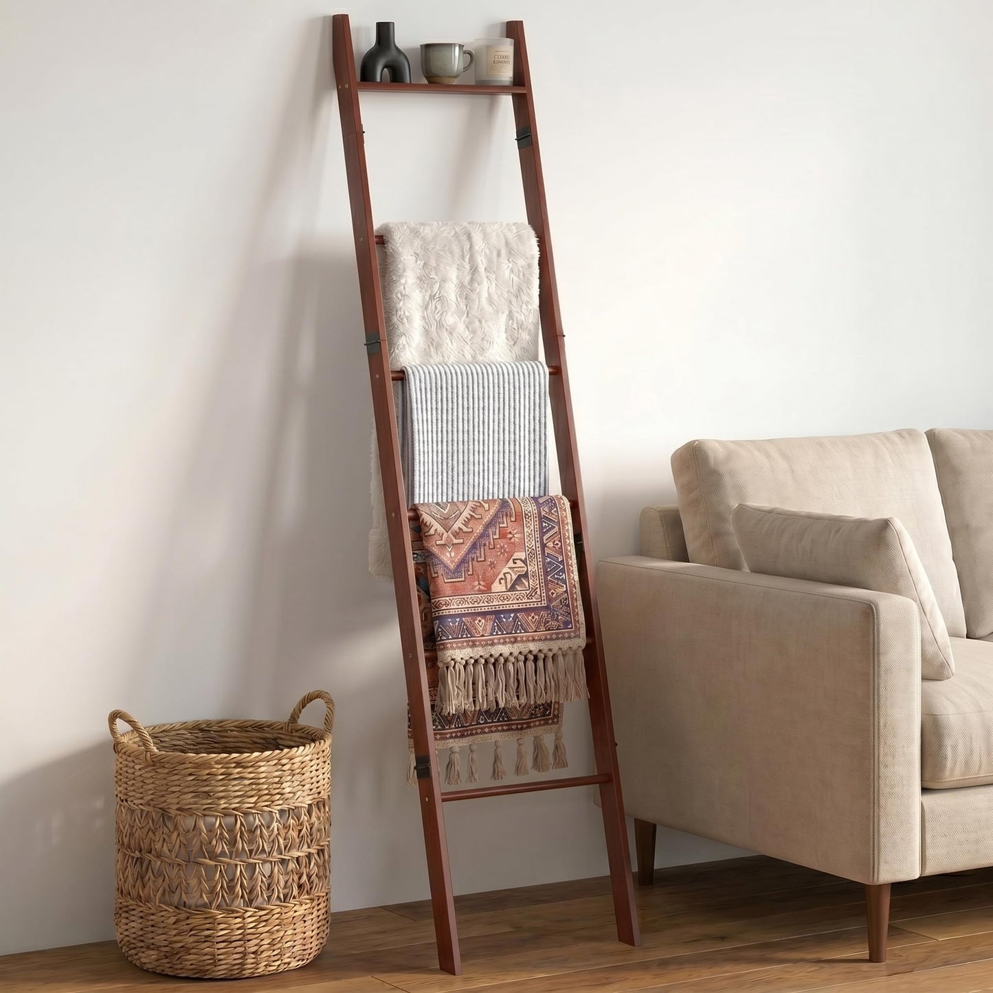 Plusinthebox 6 Tier Blanket Ladder with Shelf, Wooden Blanket Rack for Living Room, Leaning Towel Ladder Rack for Bedroom, Bathroom, Quilts, Throws, Towels and Farmhouse Décor Black