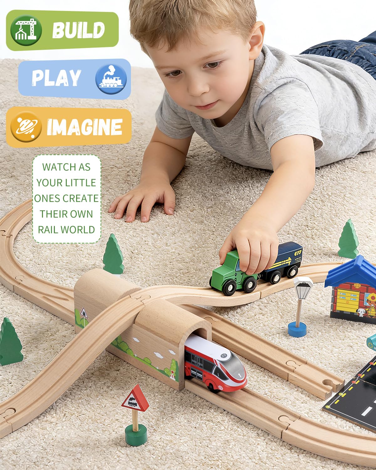 Wooden Train Track Bridge & Tunnel Set, Railway Expansion Kit with Ascending & Descending Ramp Tracks, Compatible with Major Wooden Train Systems, for Kids Creative Play and Learning