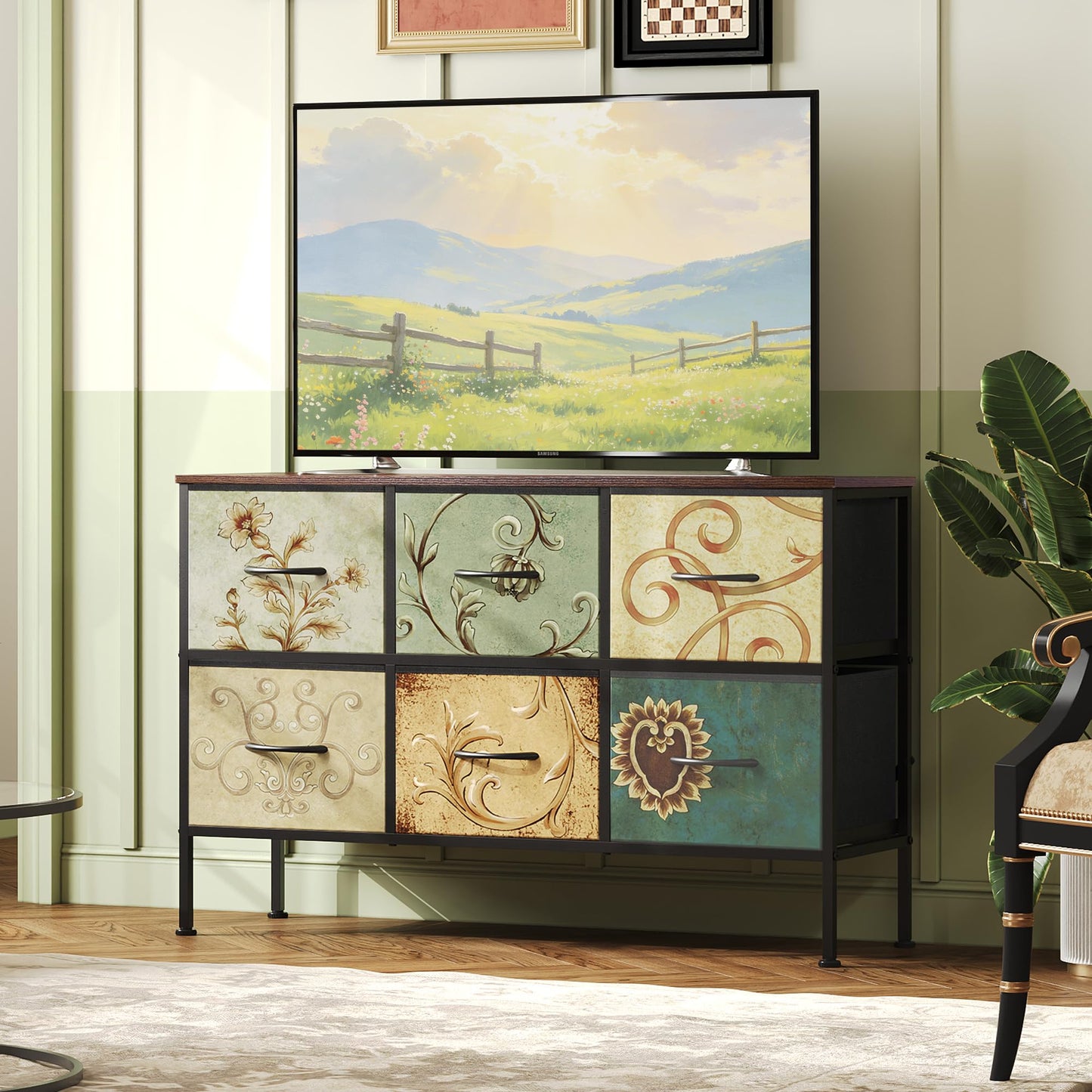 WLIVE Dresser for Bedroom with 6 Fabric Drawers, Closet Dresser with Metal Frame, Wooden Top, Chest of Drawers for Closet, Floral Painted