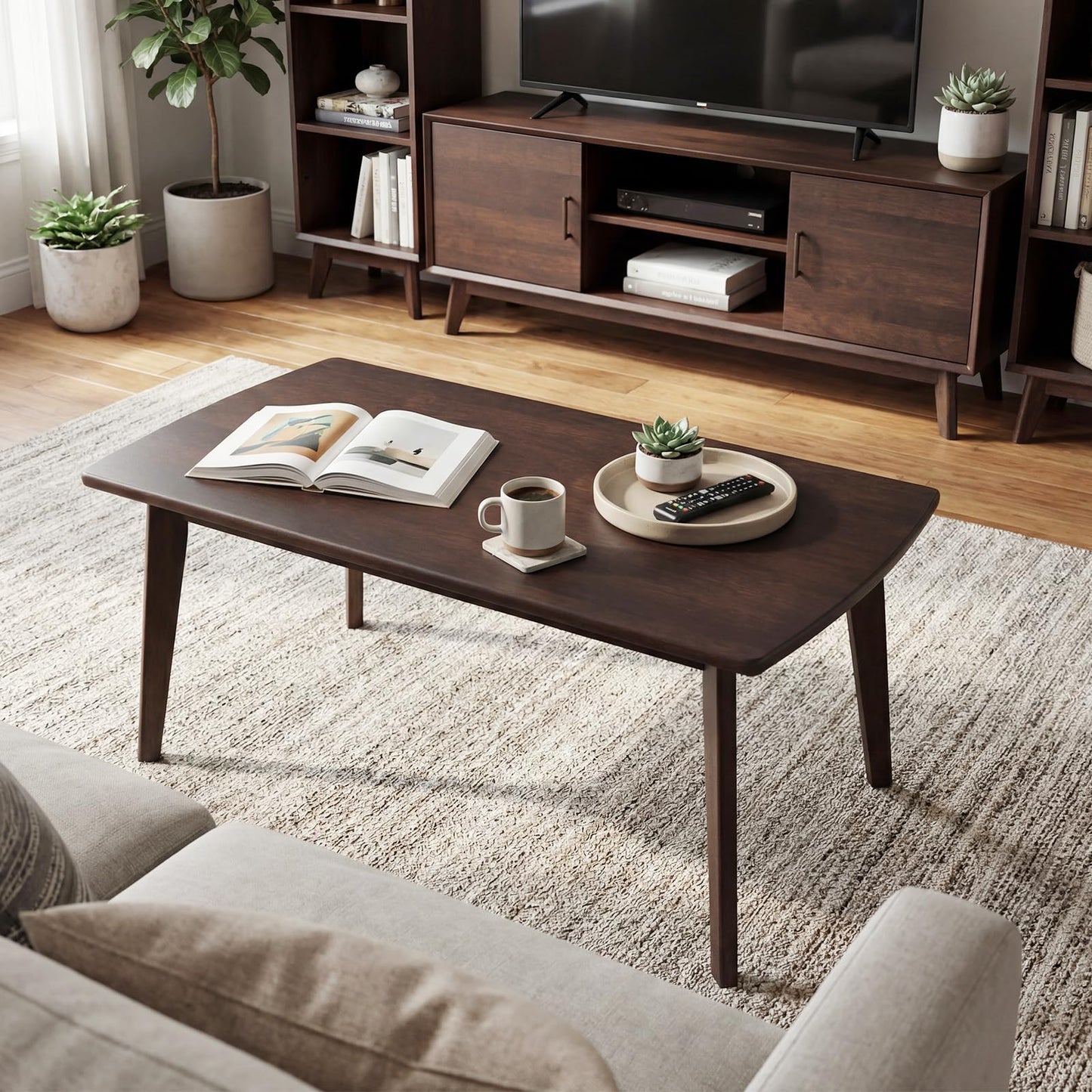 GOFLAME Solid Wood Coffee Table, 34.5" x 21" x 17" Mid-Century Modern Center Table with Storage, Curved Edges, Retro, Small Japanese Floor Table with Tapered Legs for Living Room, Apartment, Walnut