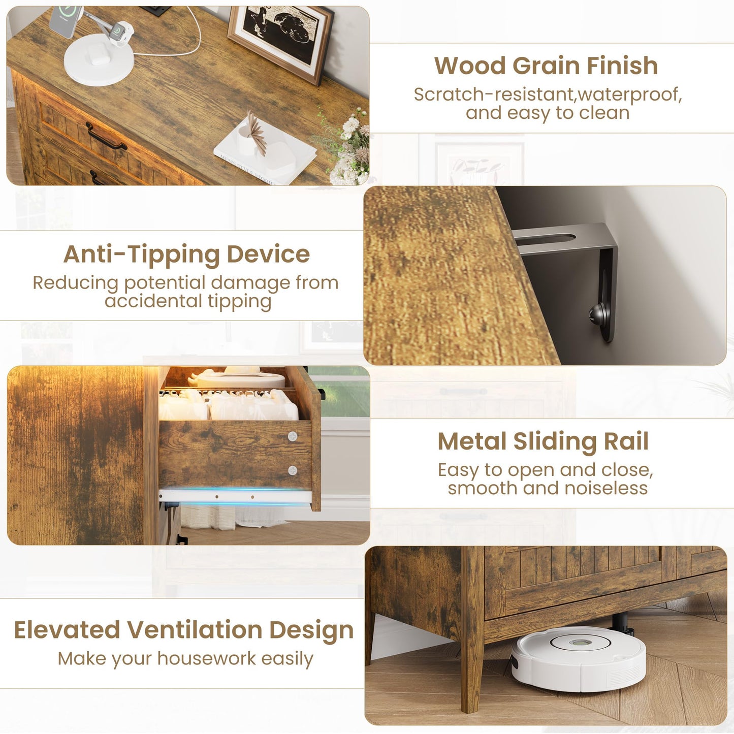 Garvee 6 Drawer Dresser with Power Outlet & LED Lights, Rustic Brown